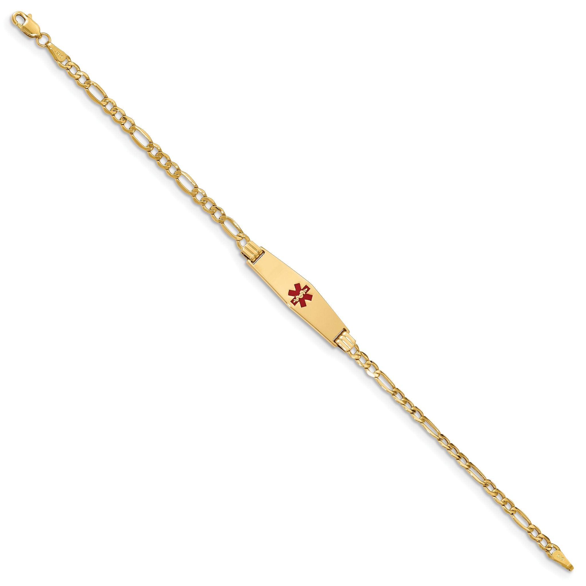 14K Medical Semi-Solid Chain/Solid Plate 26x7mm Soft Diamond Shape Centered Red Enamel Figaro Link 7 inch ID Bracelet Secondary image