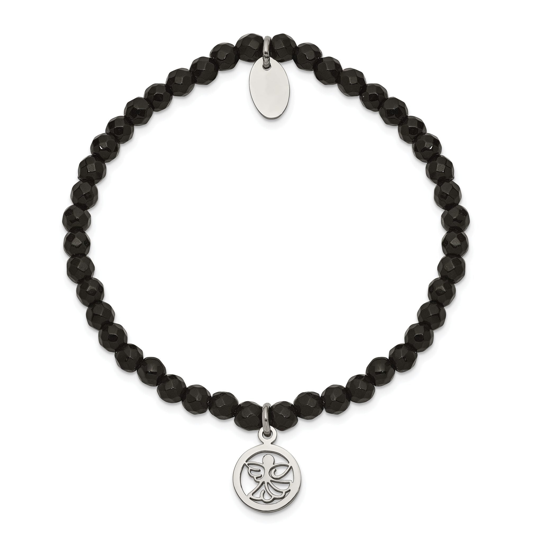 Stainless Steel Polished Angel 4mm Black Jade Beaded Stretch Bracelet for Women Secondary image