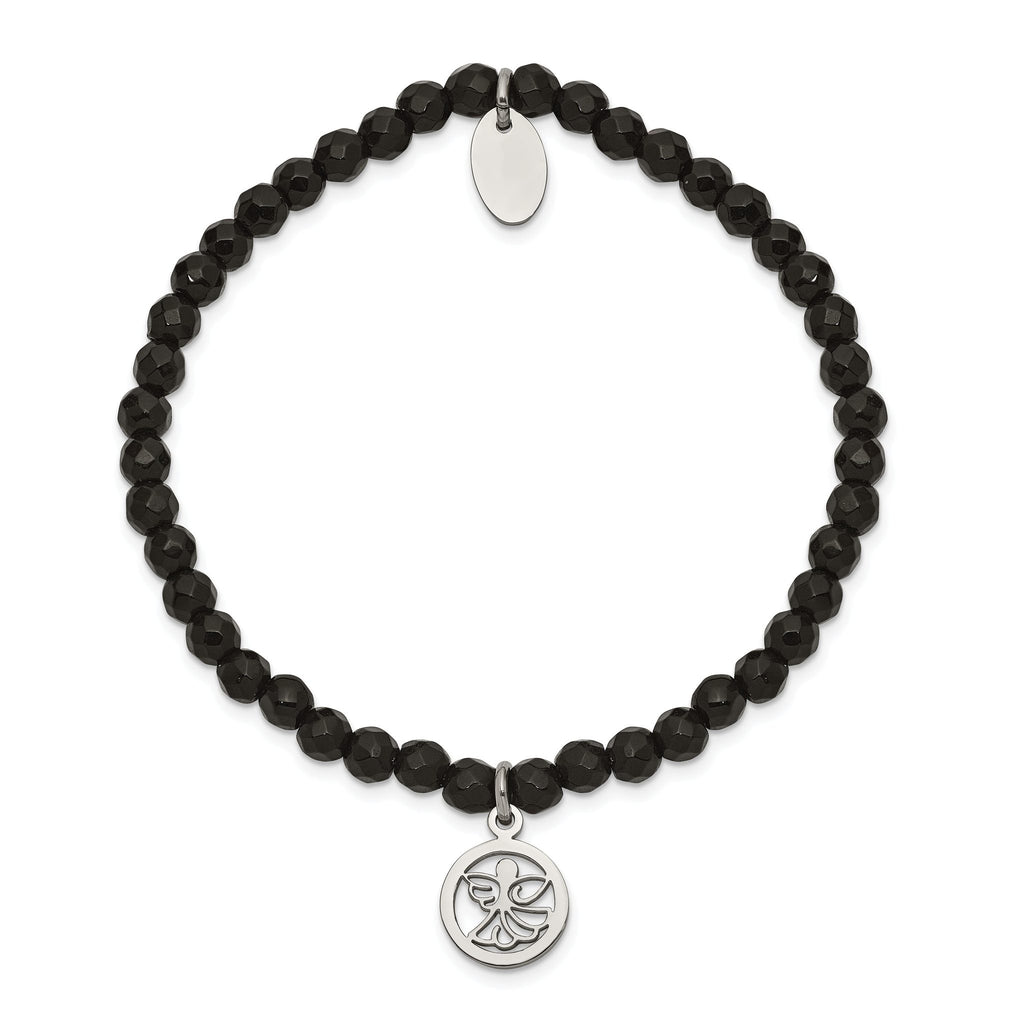 Stainless Steel Polished Angel 4mm Black Jade Beaded Stretch Bracelet for Women