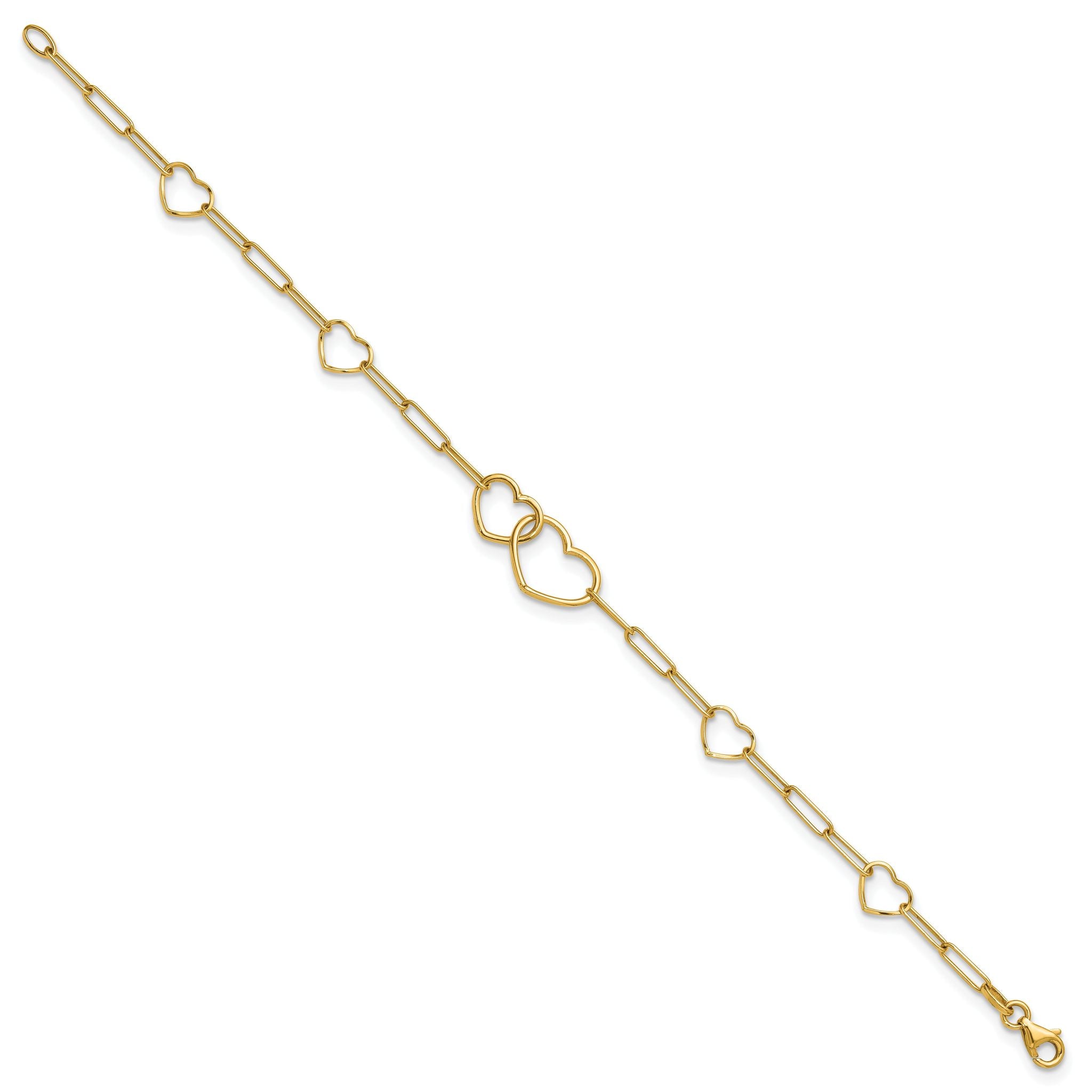 14k Polished Double Hearts and Paper Clip Links 7.5 inch Bracelet