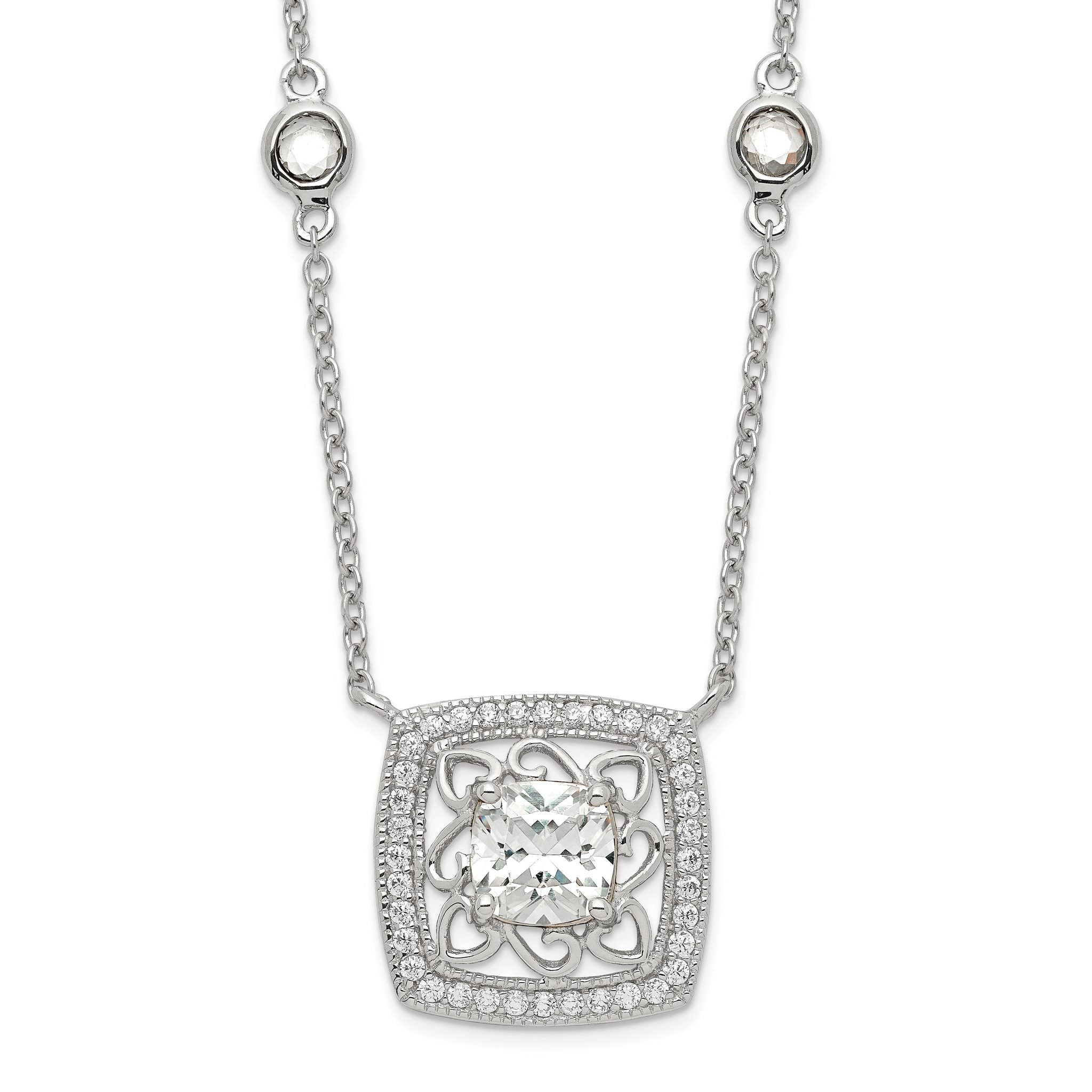 Sterling Silver Rhod-pltd Square CZ Pendant With 2in ext 4-Station Necklace Main image