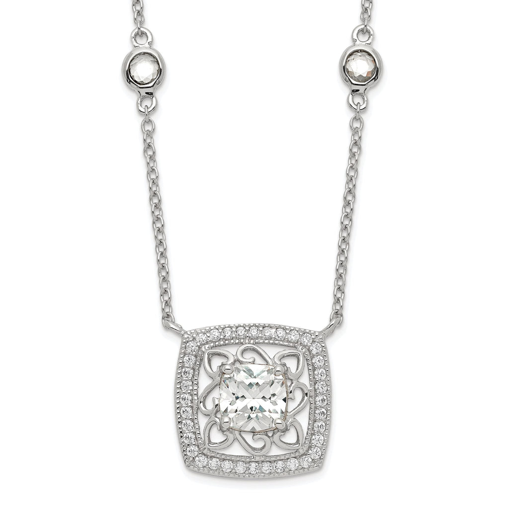 Sterling Silver Rhod-pltd Square CZ Pendant With 2in ext 4-Station Necklace