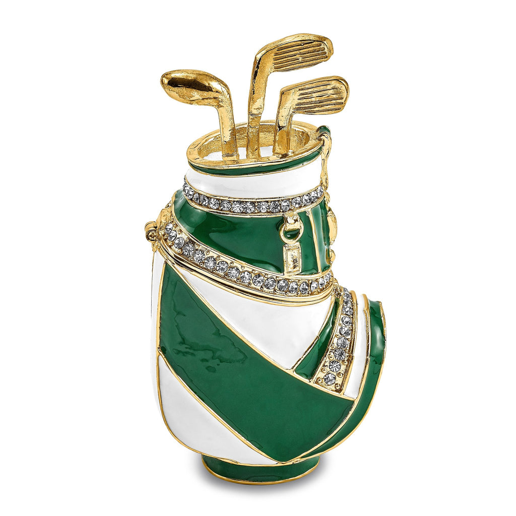 Luxury Giftware Pewter Bejeweled Crystals Gold-tone Enameled GAME OF FORES Golf Bag Trinket Box with Matching 18 Inch Necklace