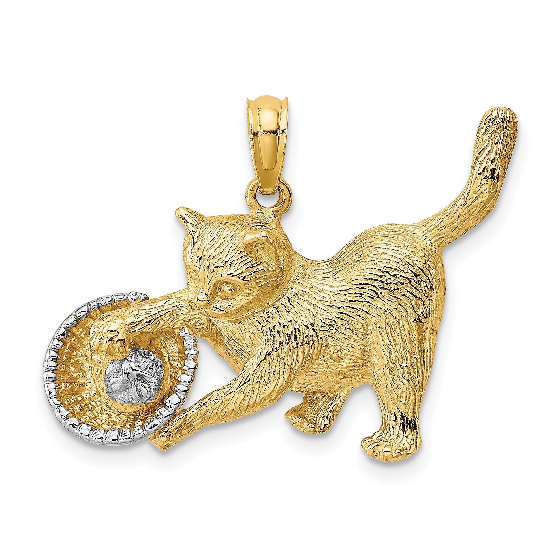 14k Rhodium Cat Playing with Yarn in Basket Charm Main image