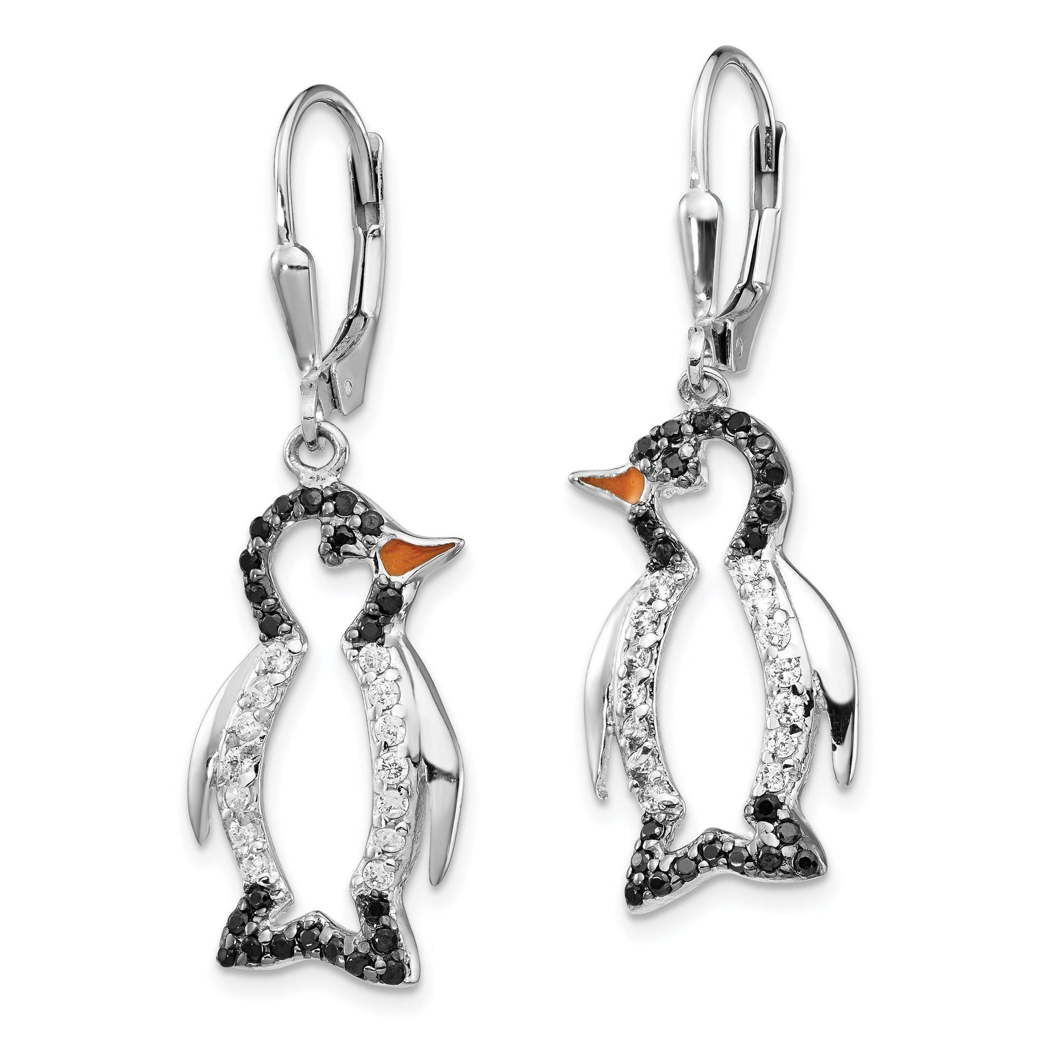 Cheryl M Sterling Silver Rhodium-plated with Black Rhodium Accent Enameled Brilliant-cut Black and White CZ Penguin Leverback Dangle Earrings Secondary image