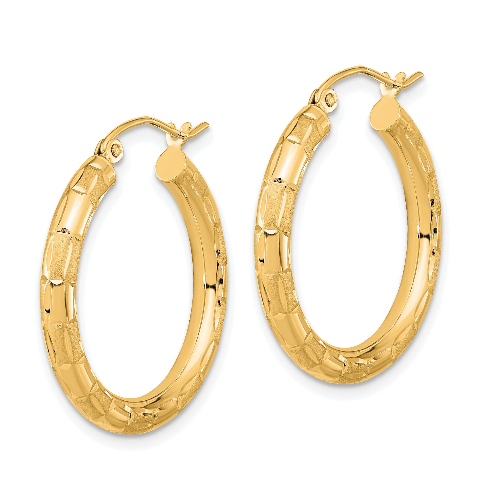 14k Polished Satin and Diamond-cut Hoop Earrings Secondary image