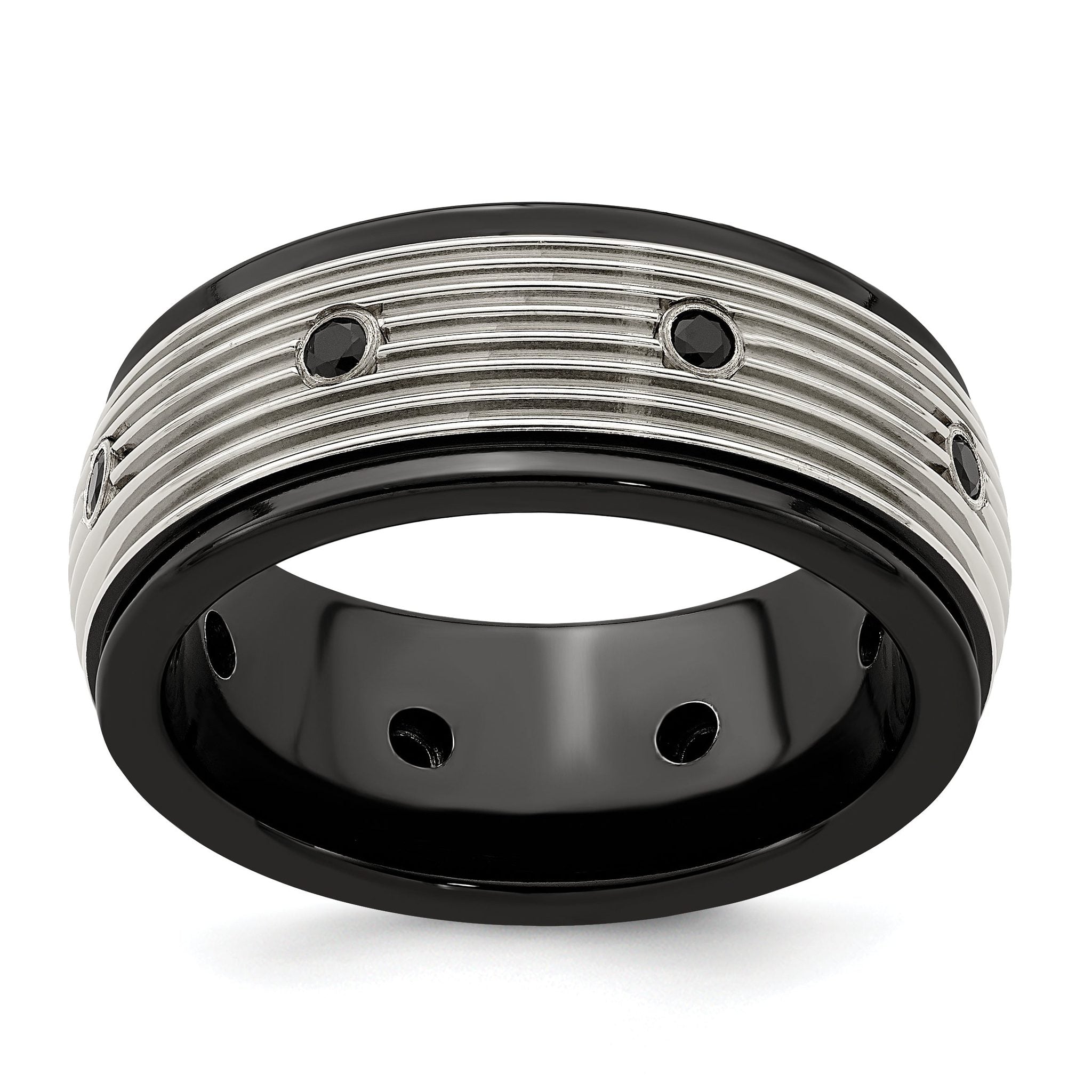 Black Spinel Grooved Wedding Band in Titanium, 9mm
