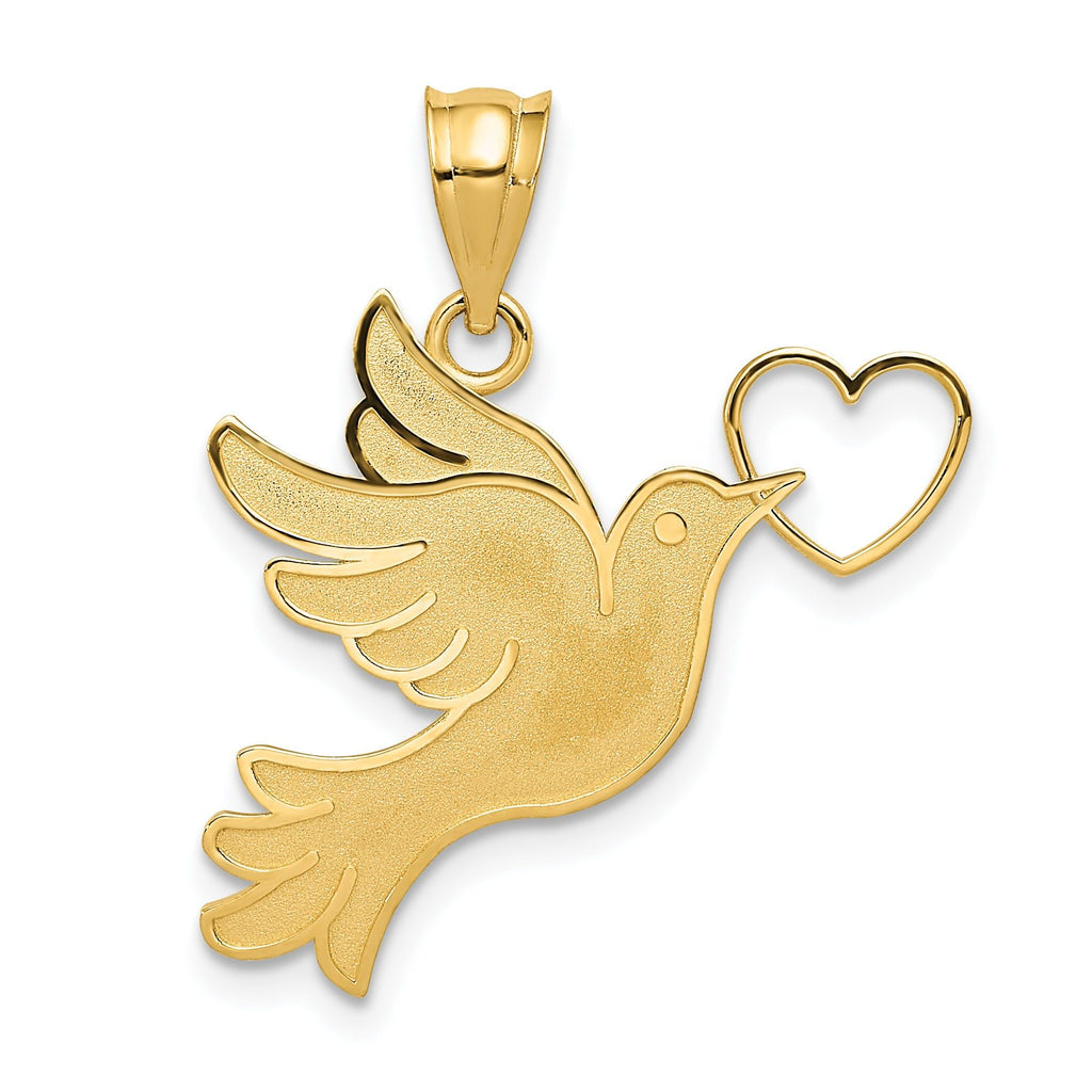 14K Gold Dove with Heart Pendant, Polished & Brushed Finish