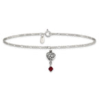 Sterling Silver Dark Pink Crystal Dangling Antiqued Heart 9 inch Anklet
