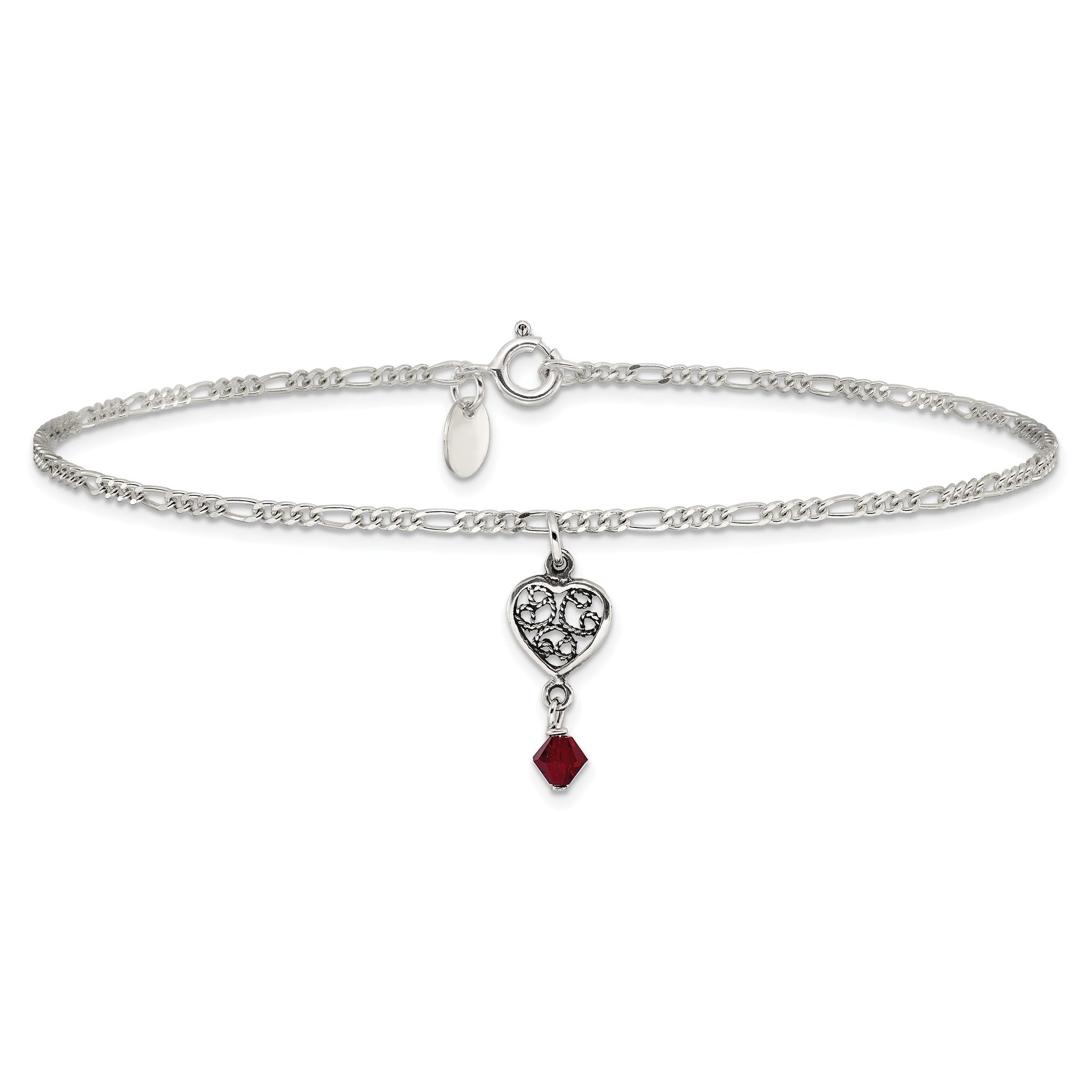 Sterling Silver Dark Pink Crystal Dangling Antiqued Heart 9 inch Anklet