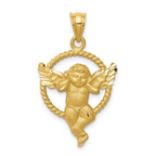 14K Gold Satin Angel in Circle Pendant with Brushed Finish
