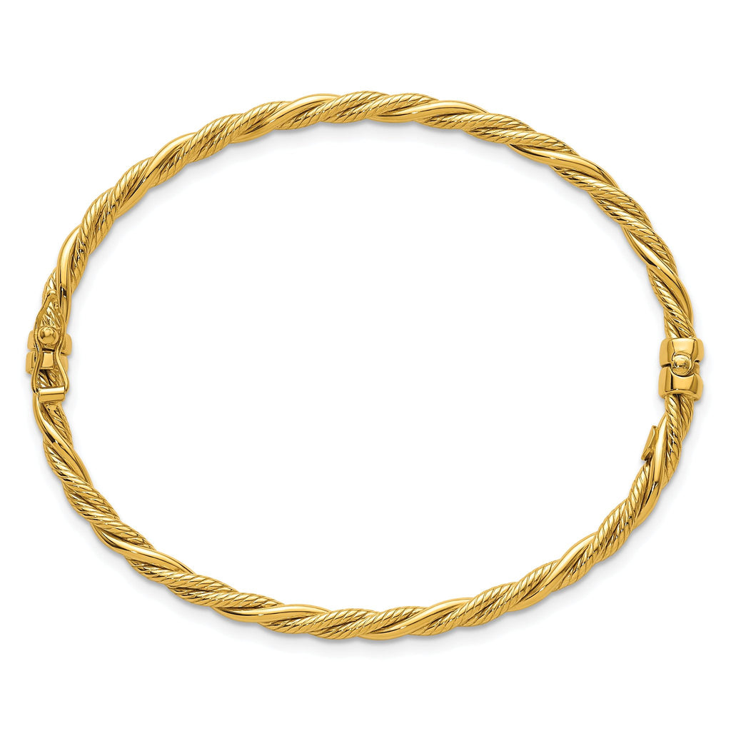 14K Polished and Textured 3.25mm Twisted Hinged Oval Bangle Bracelet