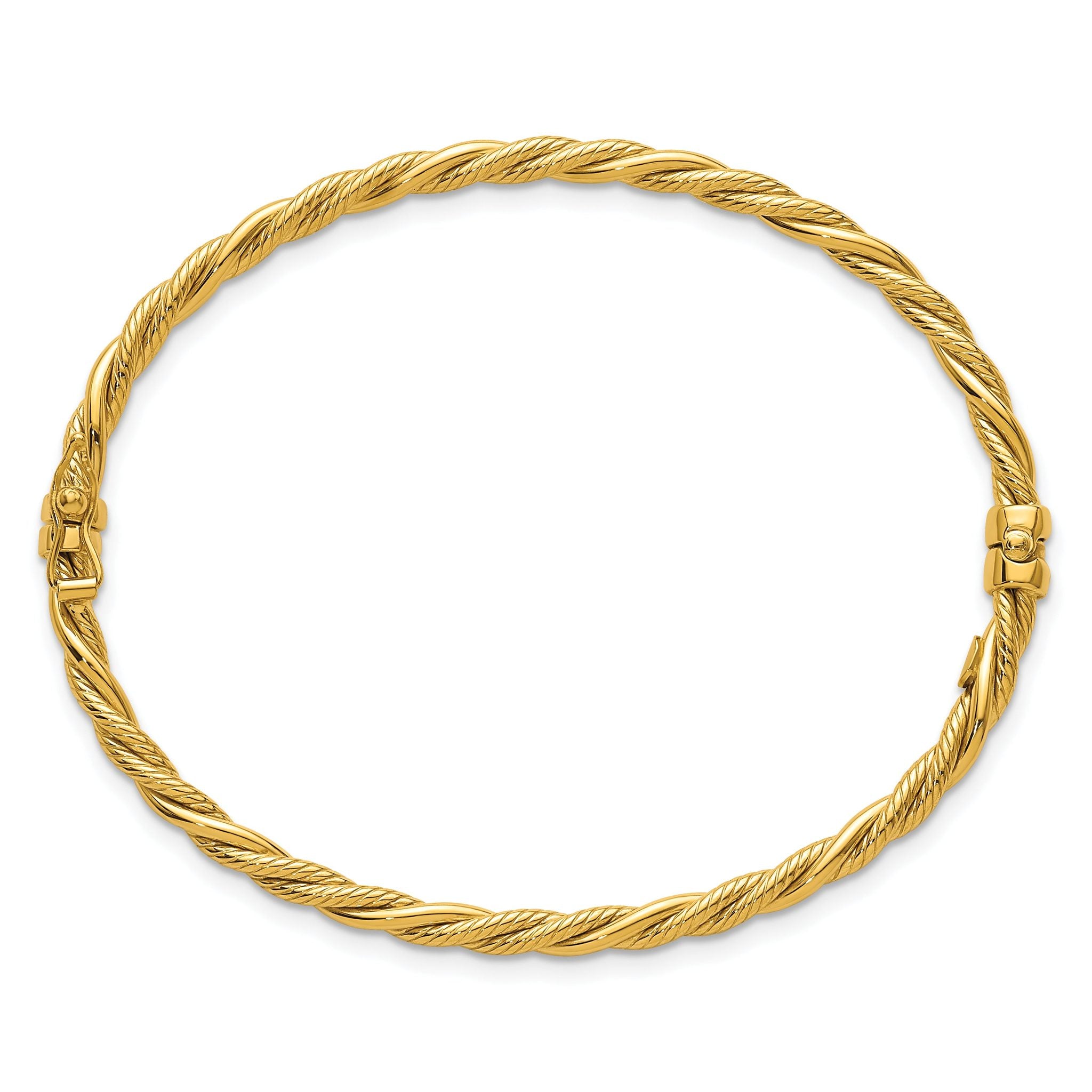 14K Polished and Textured 3.25mm Twisted Hinged Oval Bangle Bracelet