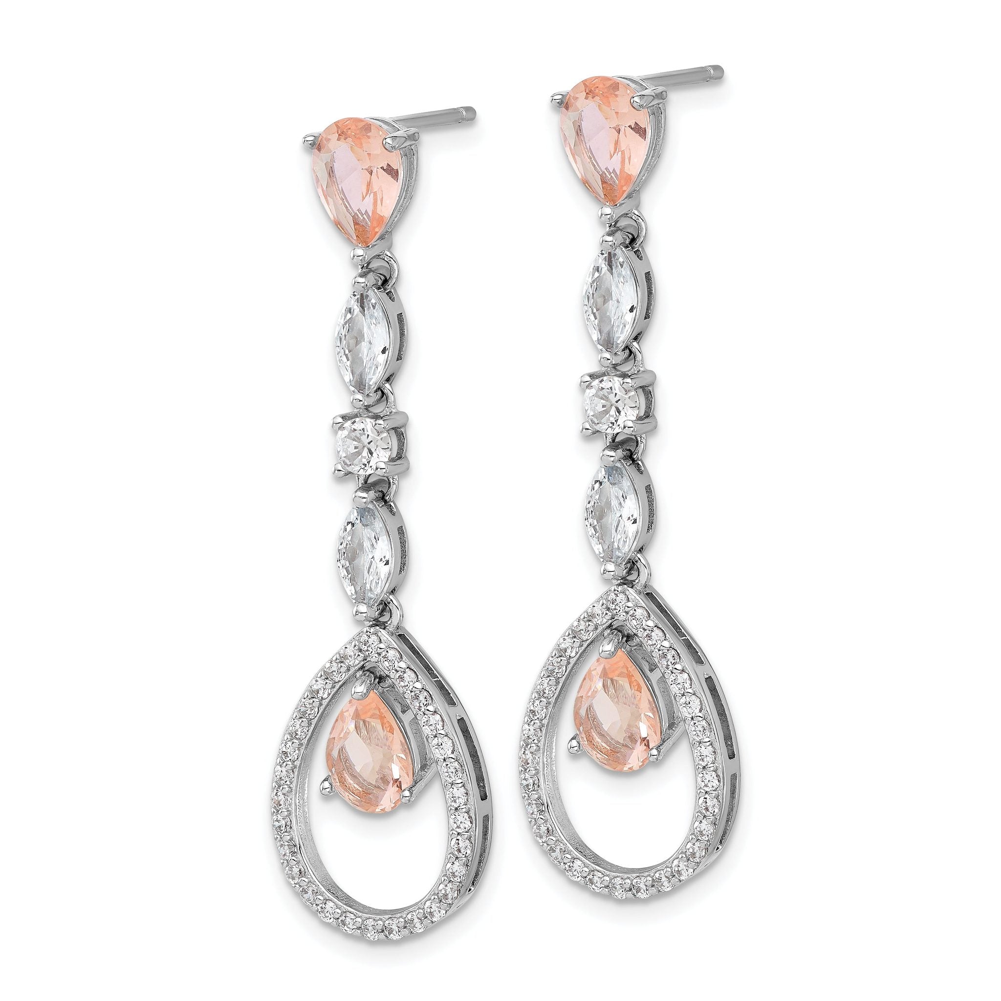 Cheryl M Sterling Silver Rhodium-plated Fancy Brilliant-cut Simulated Morganite/ White Marquise-cut and Brilliant-cut CZ Teardrop Post Dangle Earrings