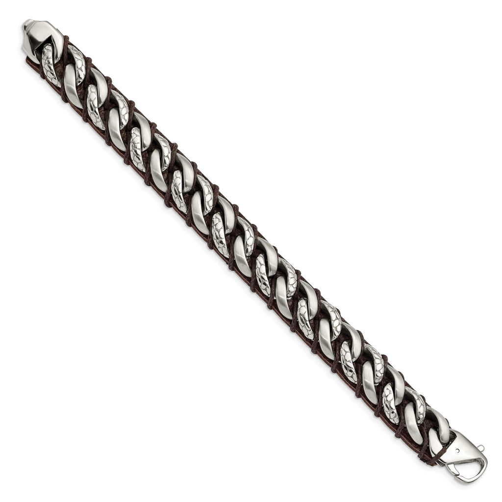 Stainless Steel Brushed Polished and Textured Curb Chain and Brown Leather Bracelet for Men