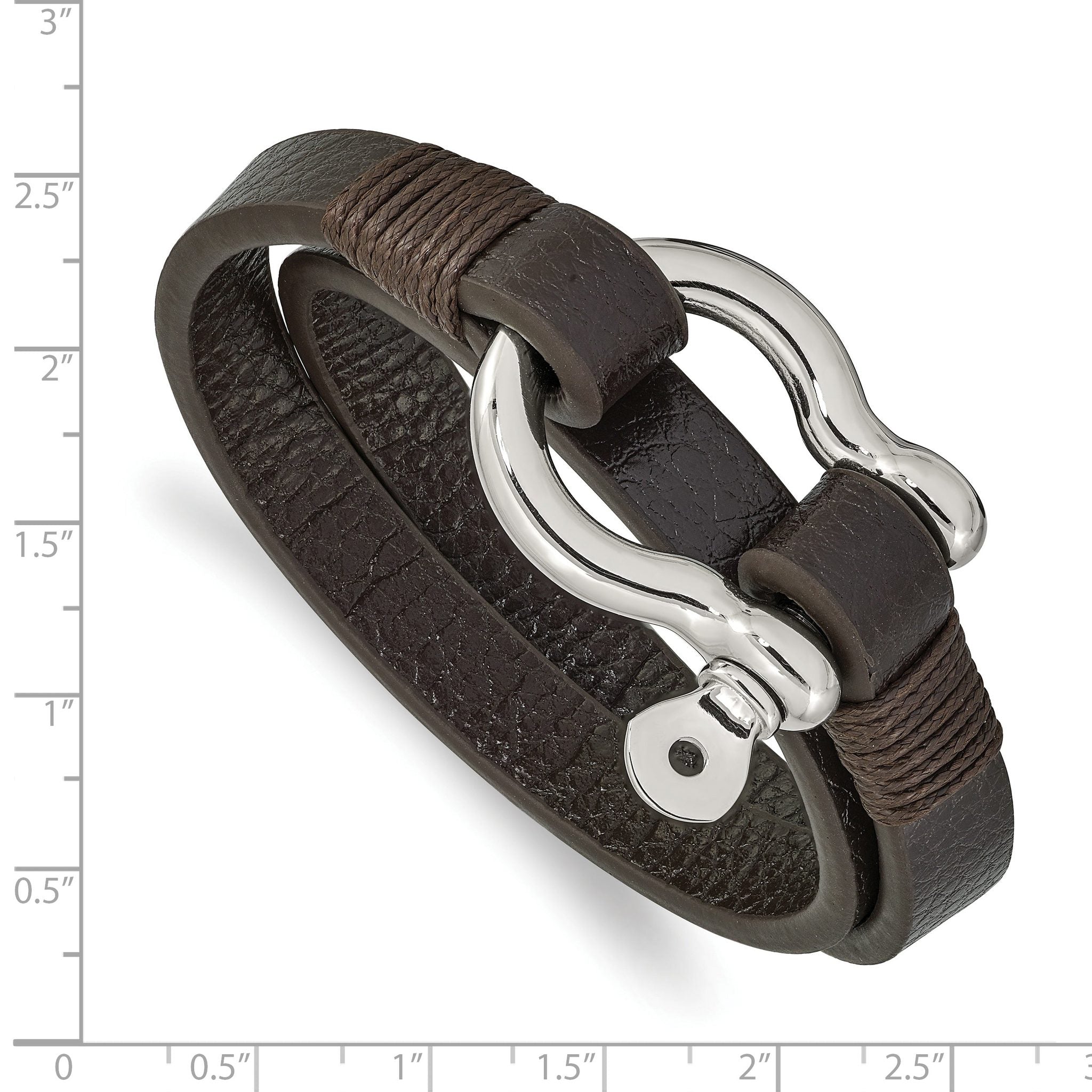 Stainless Steel Polished Shackle Brown Leather Wrap Bracelet for Men
