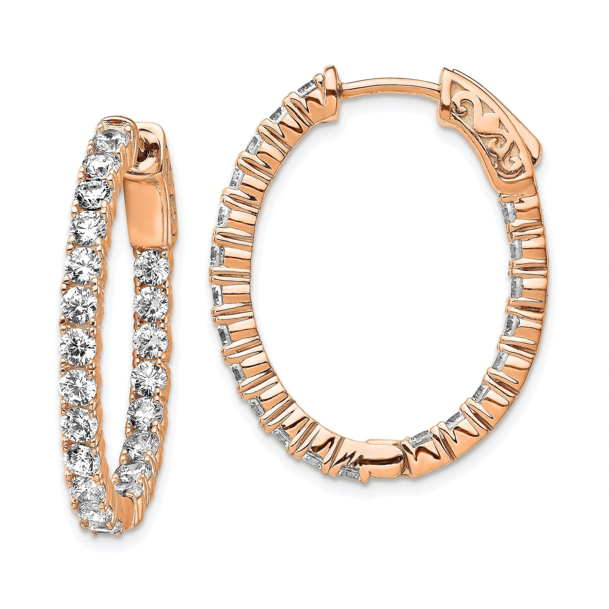 Sterling Shimmer Sterling Silver Rose-tone Flash Rose Gold-plated 42 Stone 2.5mm CZ In and Out Oval Hinged Hoop Earrings Main image