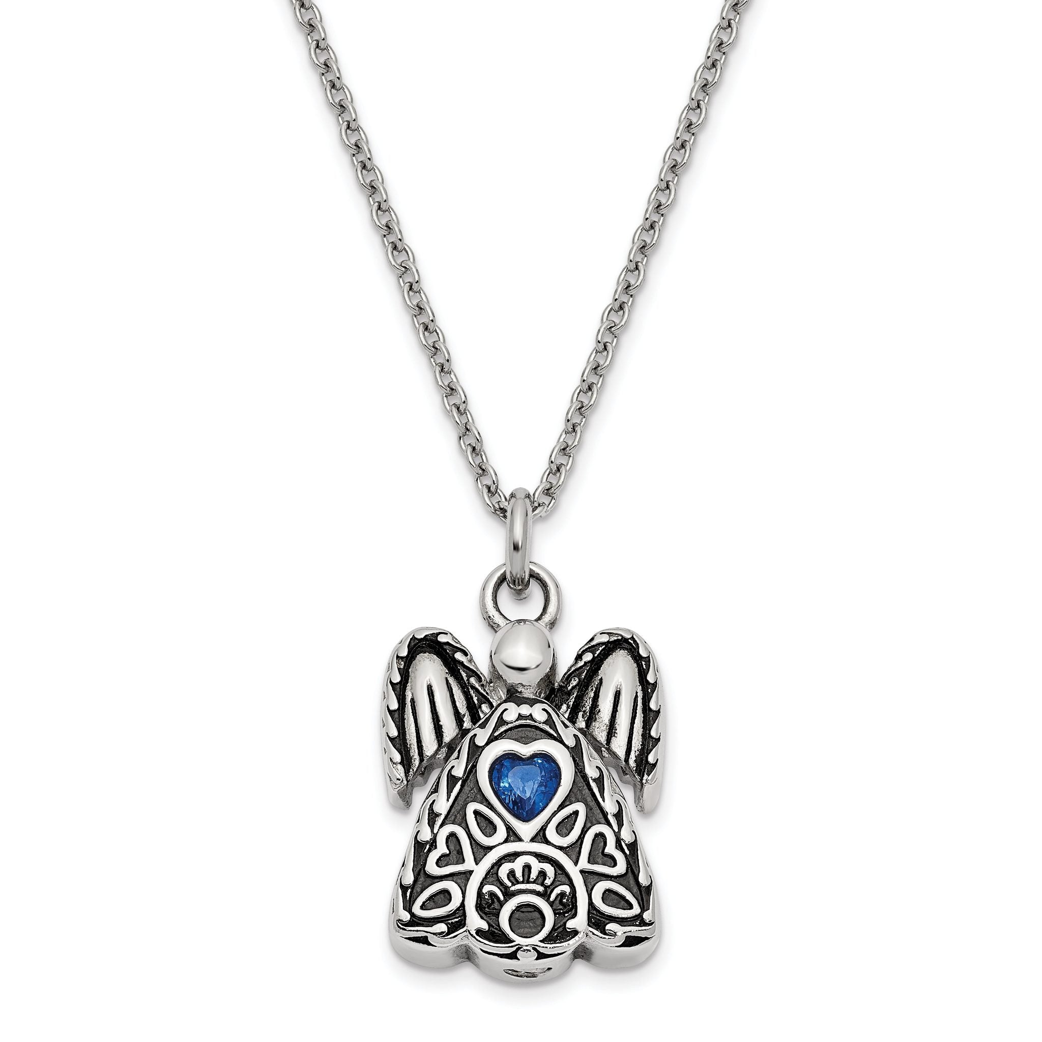 Sentimental Expressions Stainless Steel Dark Blue CZ September Birthstone Antiqued Angel Ash Holder 18 Inch Necklace Main image