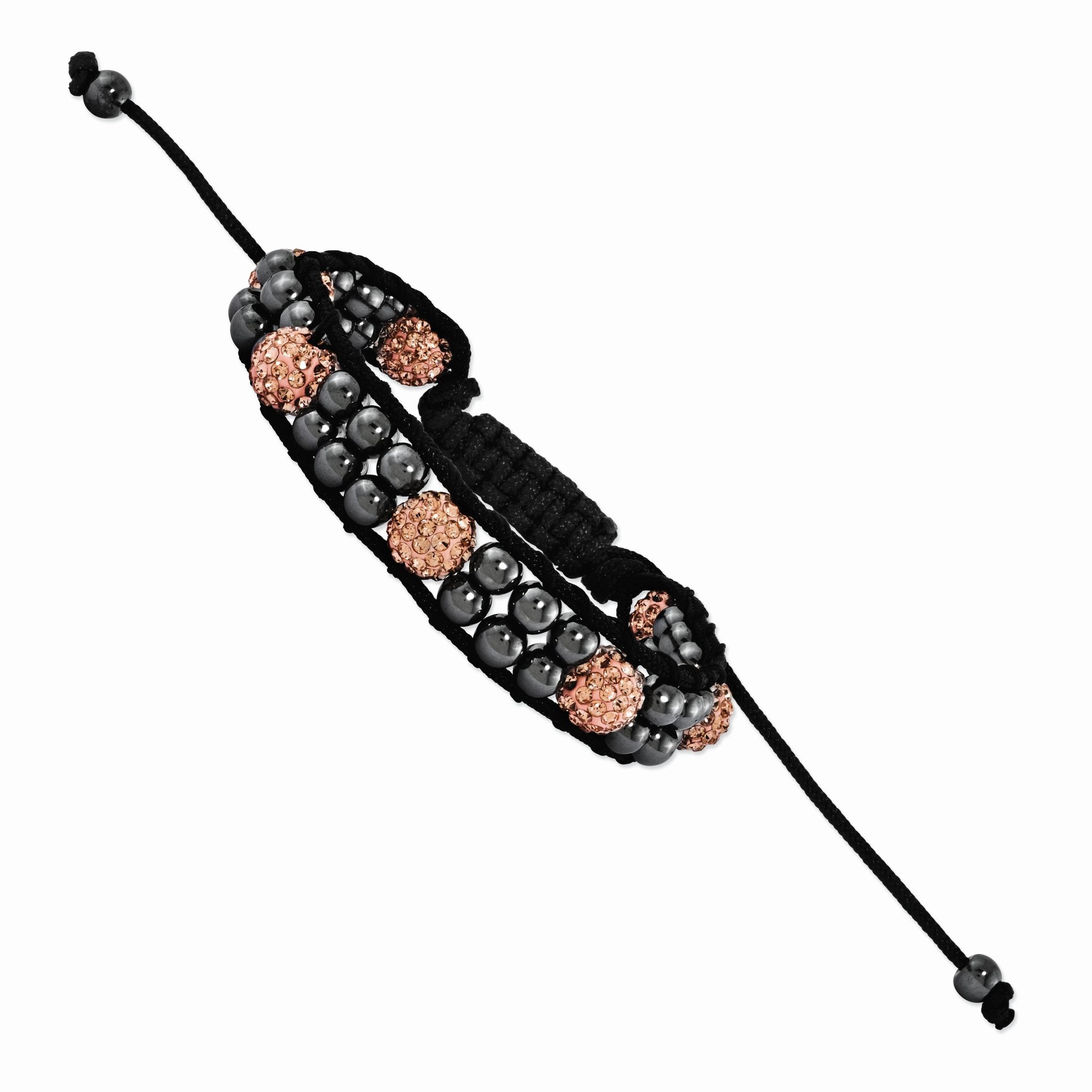 8mm Peach Crystal & Double Row Hematite Beads Black Cord Bracelet Main image