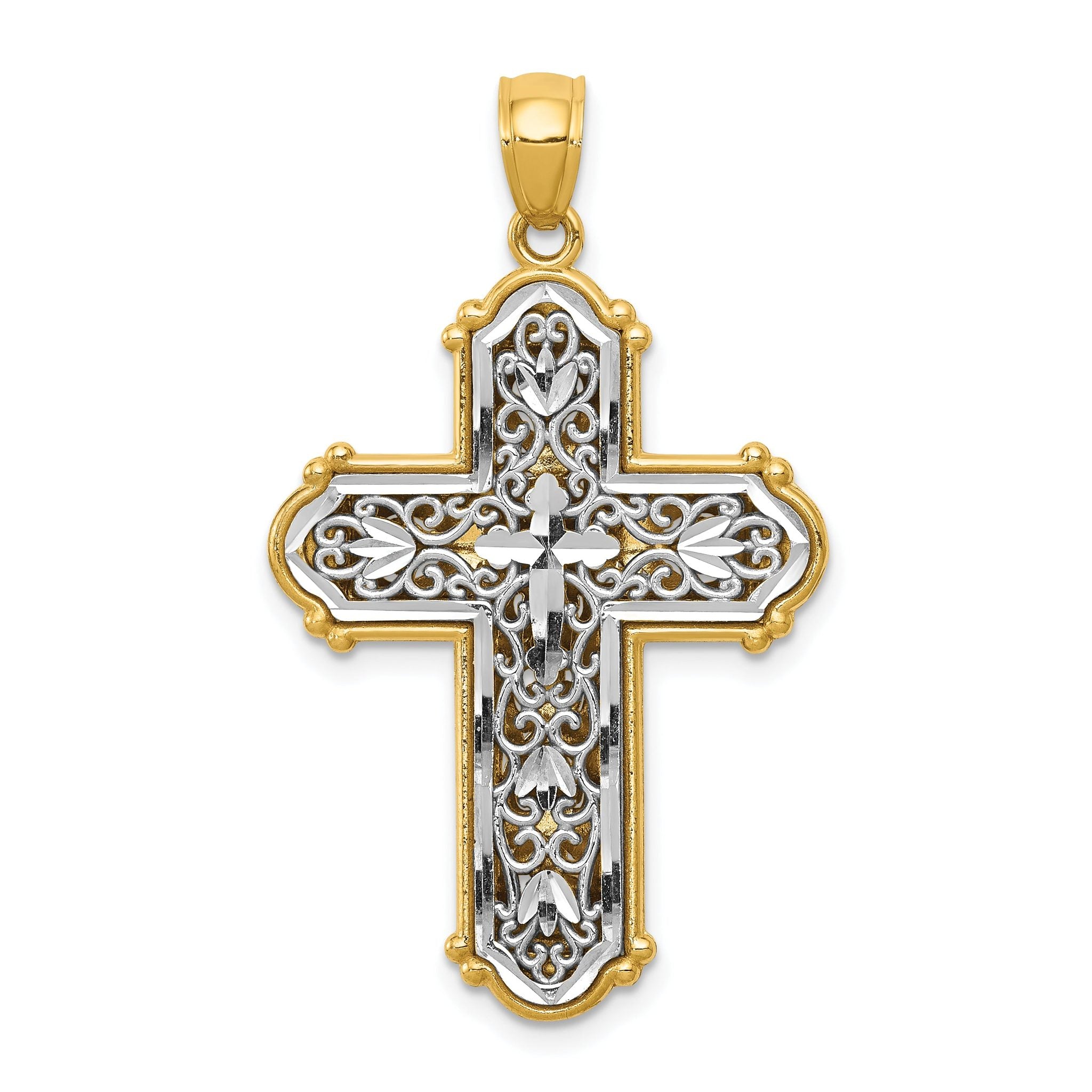 14K Gold Reversible Diamond-Cut Filigree Cross Pendant with Rhodium Accents Main image