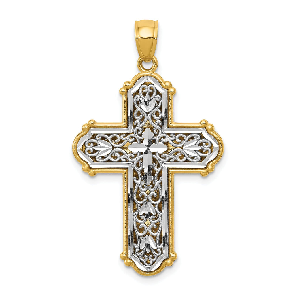 14K Gold Reversible Diamond-Cut Filigree Cross Pendant with Rhodium Accents