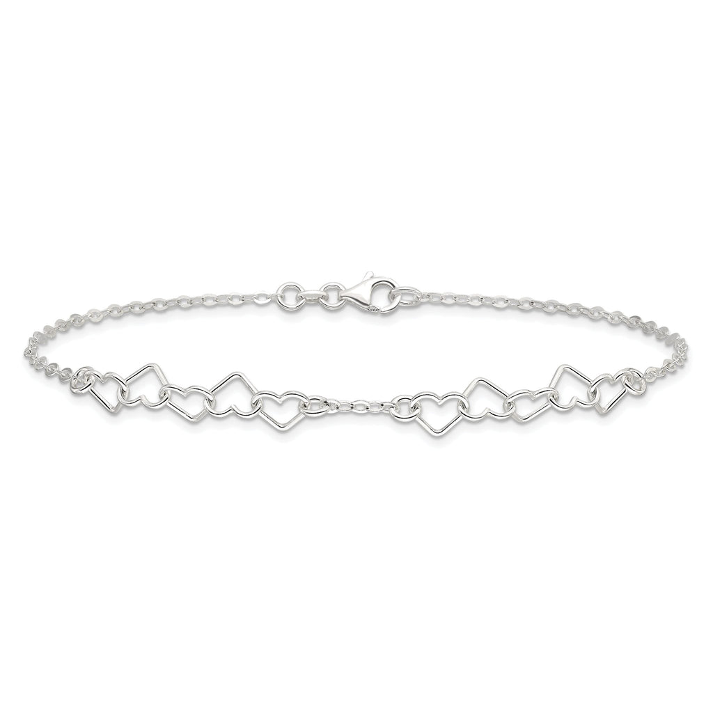 Sterling Silver 9inch Polished Fancy Heart Link Anklet