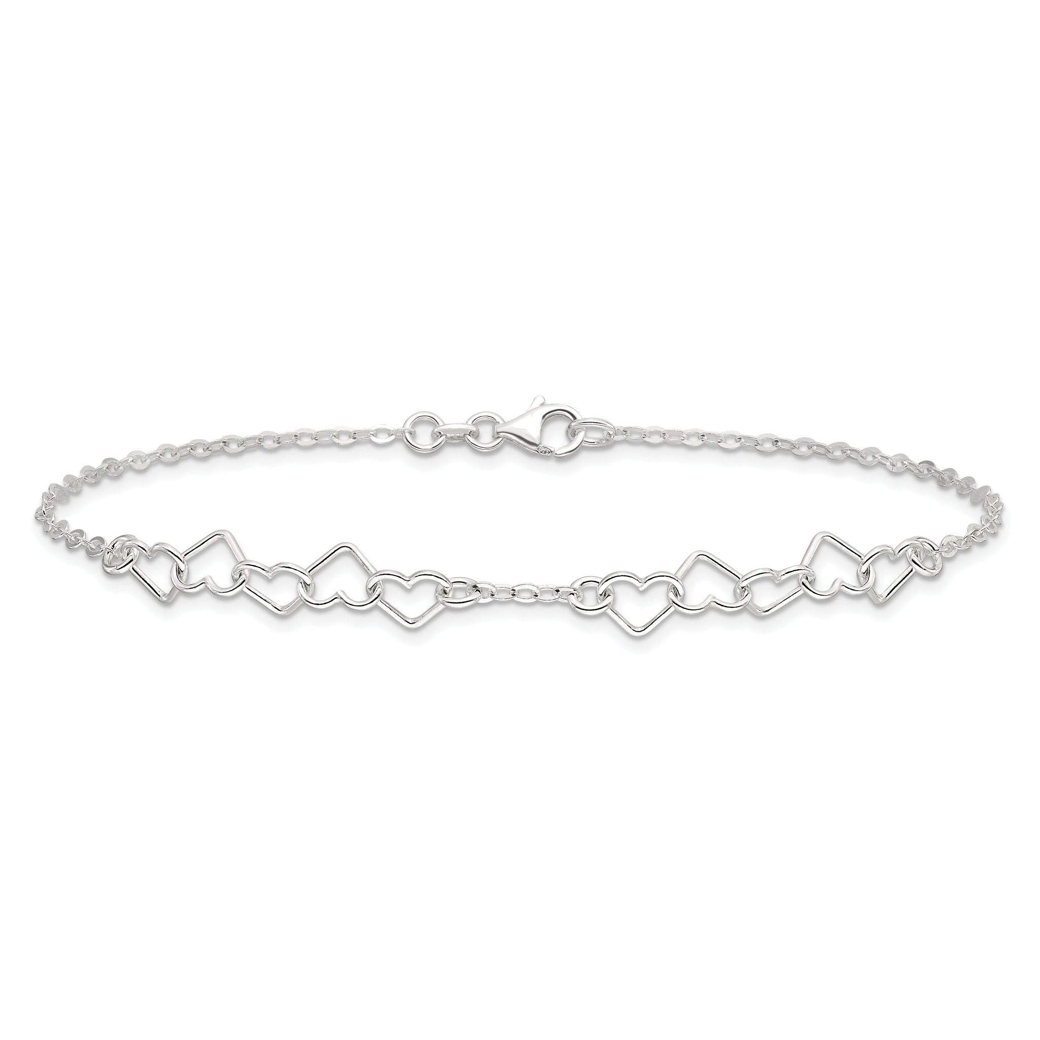Sterling Silver 9inch Polished Fancy Heart Link Anklet