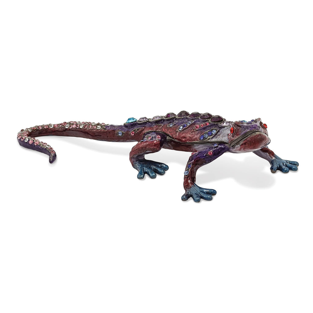 Luxury Giftware Pewter Bejeweled Crystals Pewter-tone Enameled PRINCE OF JEWELS Gecko Trinket Box with Matching 18 Inch Necklace