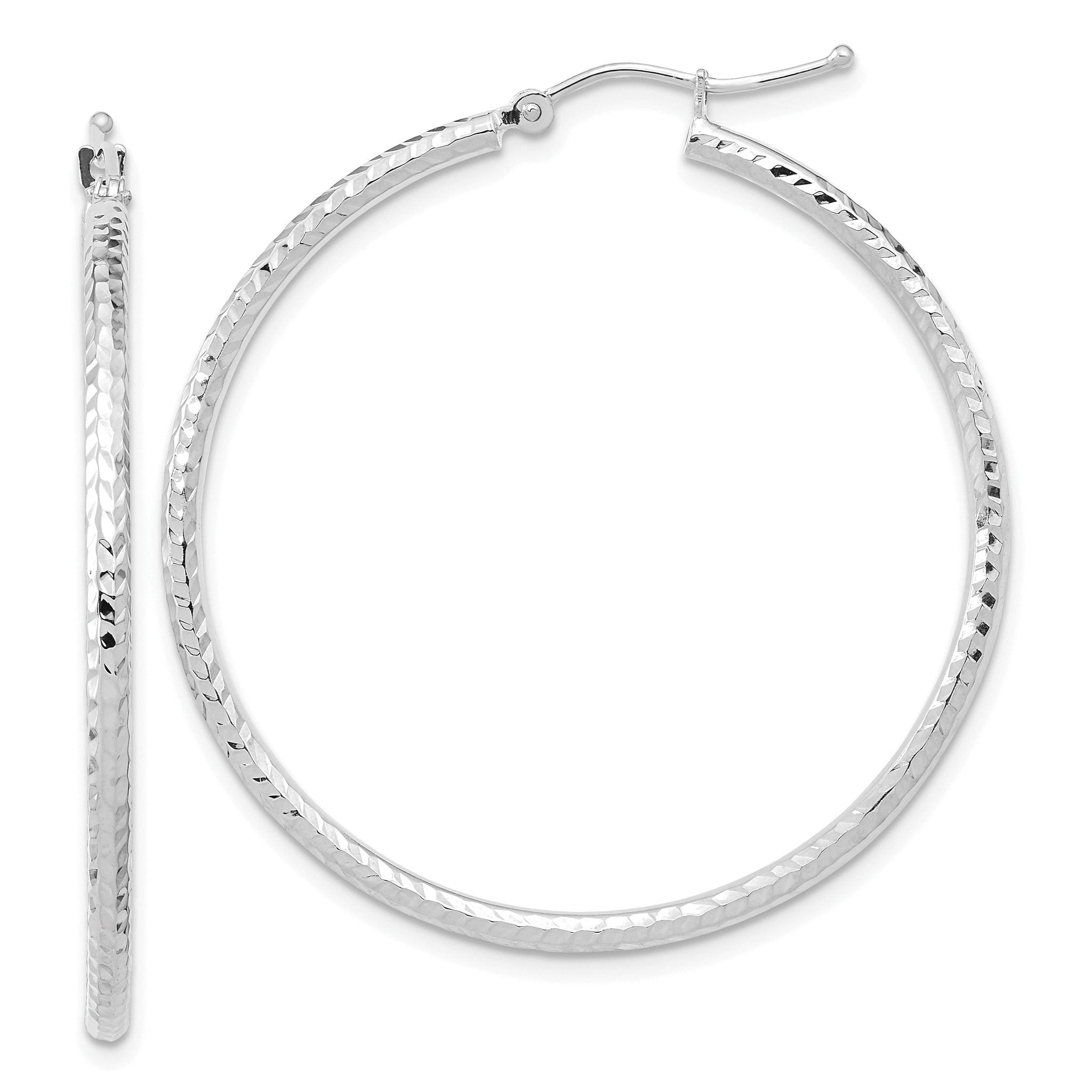 10K White Gold Diamond-Cut Hoop Earrings with Polished Rhodium Finish
