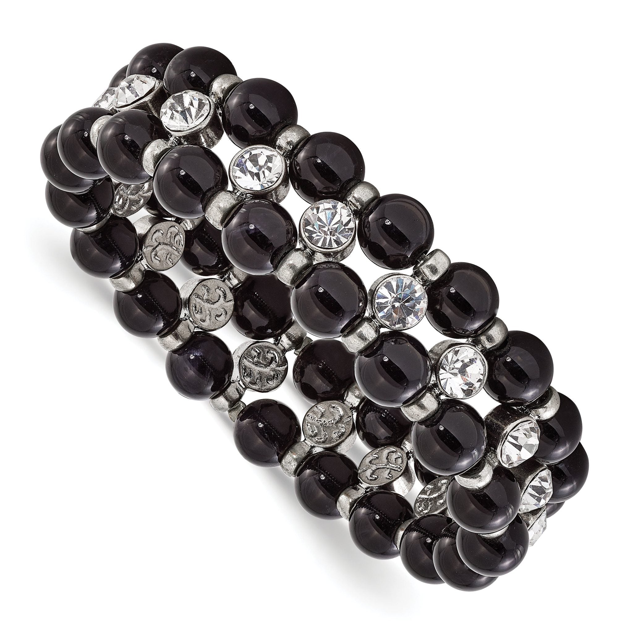 1928 Jewelry Silver-tone and Black Beads with Clear Glass Stones Stretch Bracelet Main image