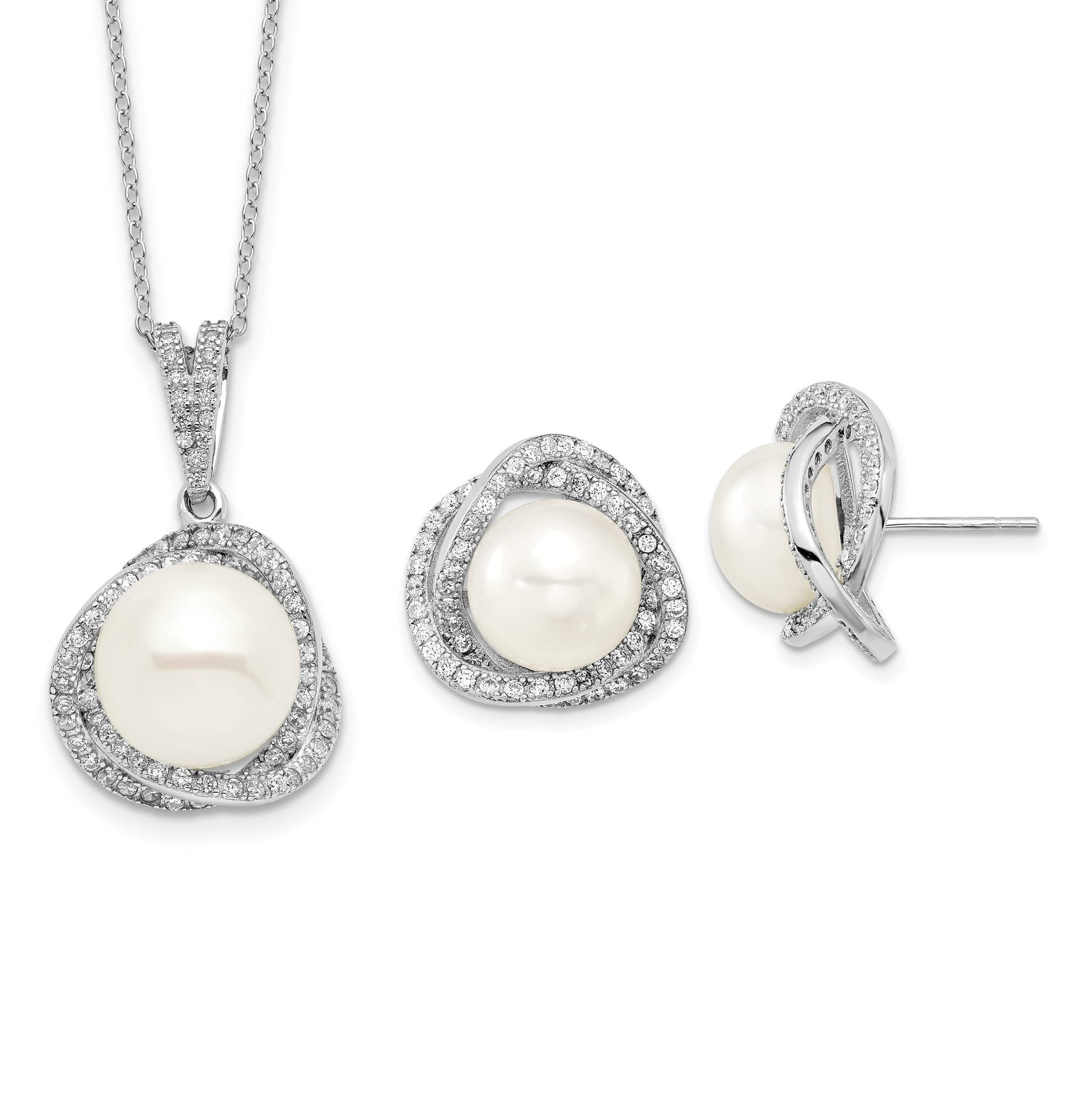 Sterling Silver Rhodium-plated 10-12mm White Button Freshwater Cultured Pearl and CZ 17 inch Necklace and Post Earrings Set Main image