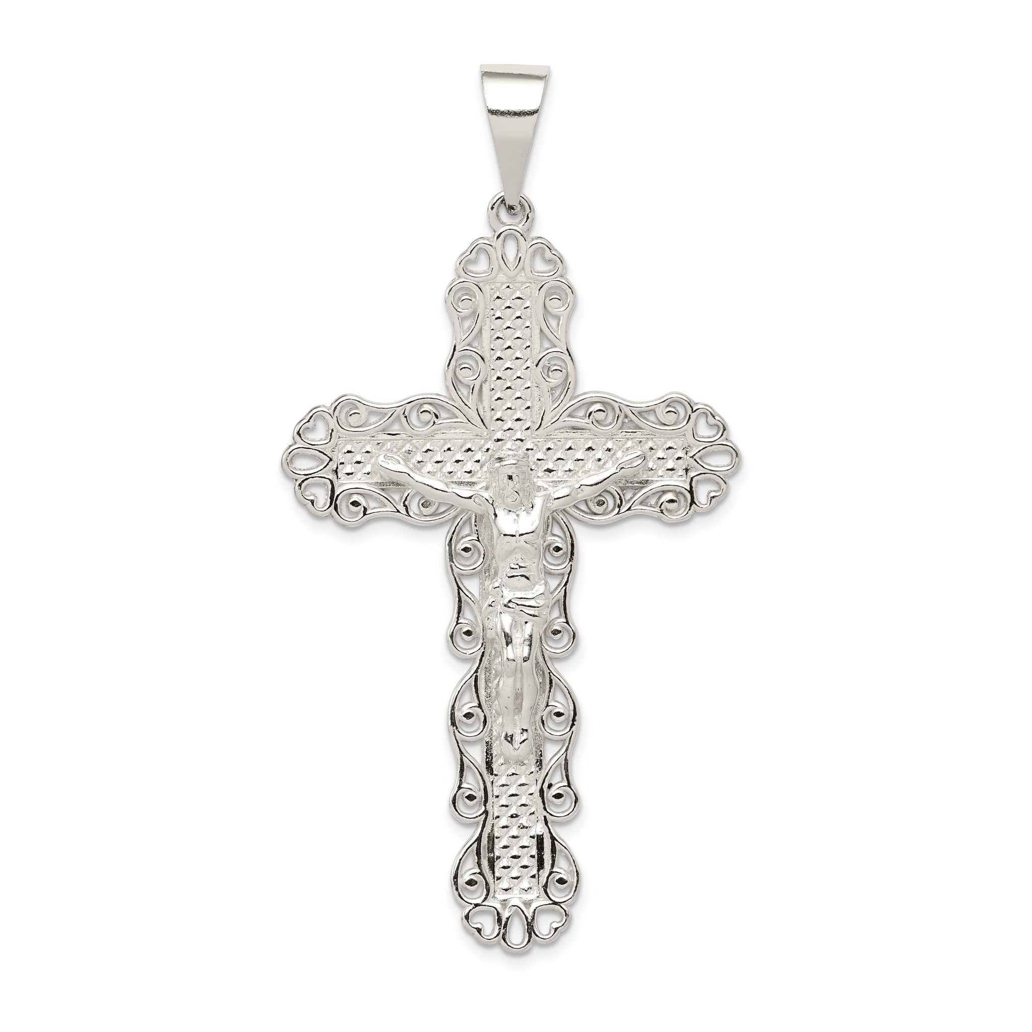 Sterling Silver Polished & Textured Large Floral Cross w/Jesus Pendant Main image