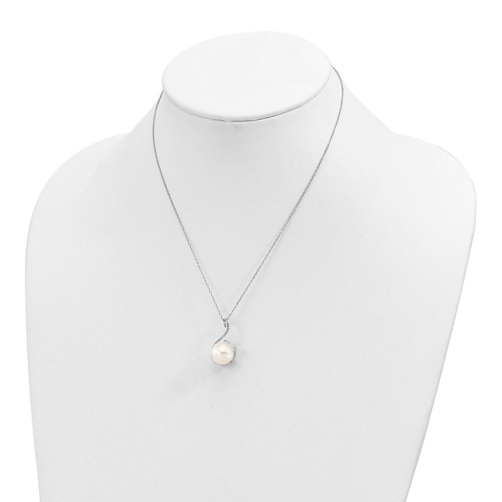 Majestik Sterling Silver Rhodium-plated 10-12mm White Imitation Shell Pearl and CZ Earrings and Spring Ring Clasp 17 inch Necklace Set