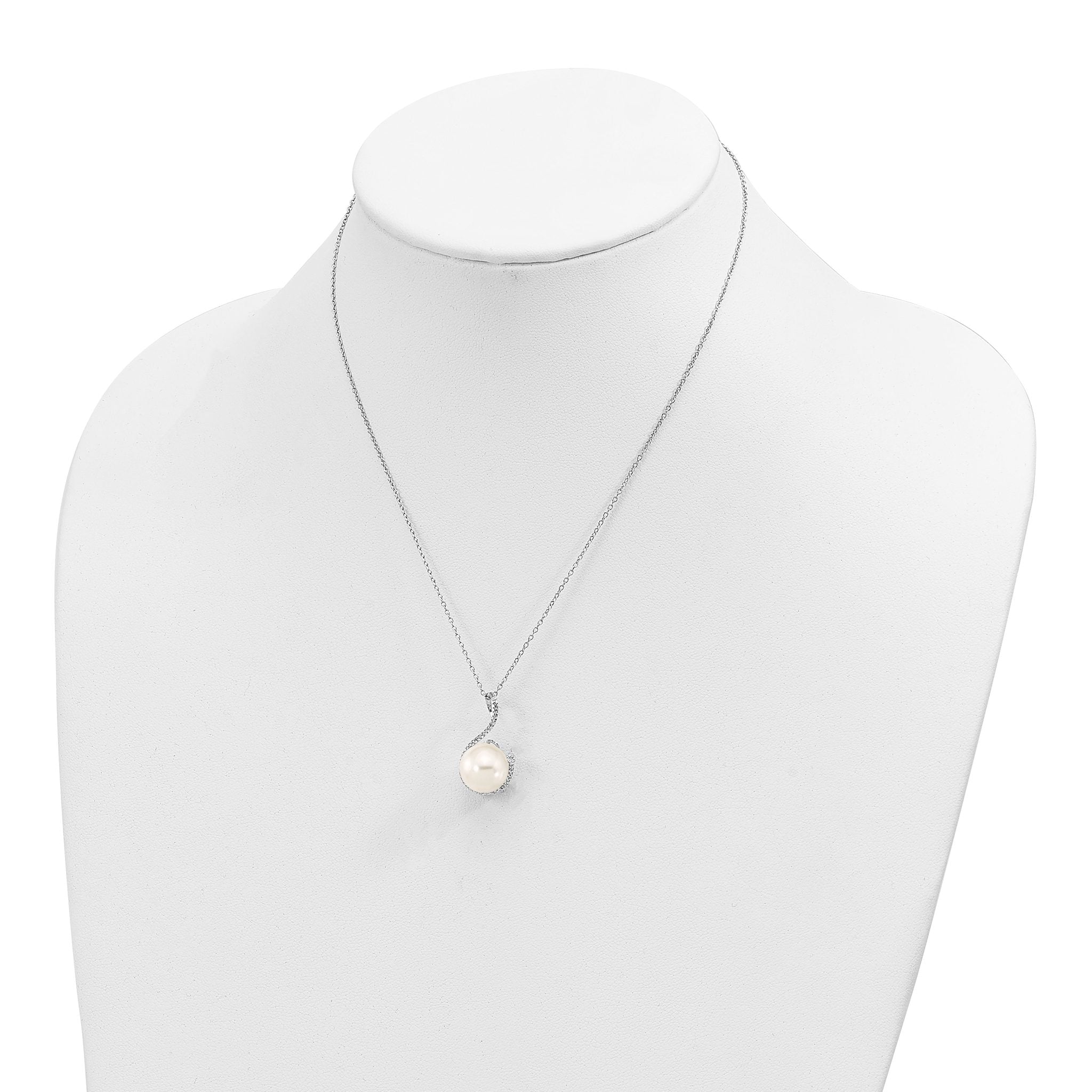 Majestik Sterling Silver Rhodium-plated 10-12mm White Imitation Shell Pearl and CZ Earrings and Spring Ring Clasp 17 inch Necklace Set