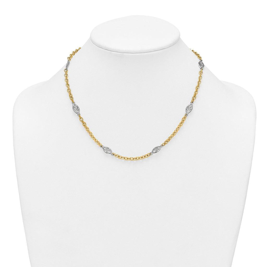 14k Two-tone Polished 6.5mm Fancy Cable Chain and Filigree Oval 18 inch Necklace