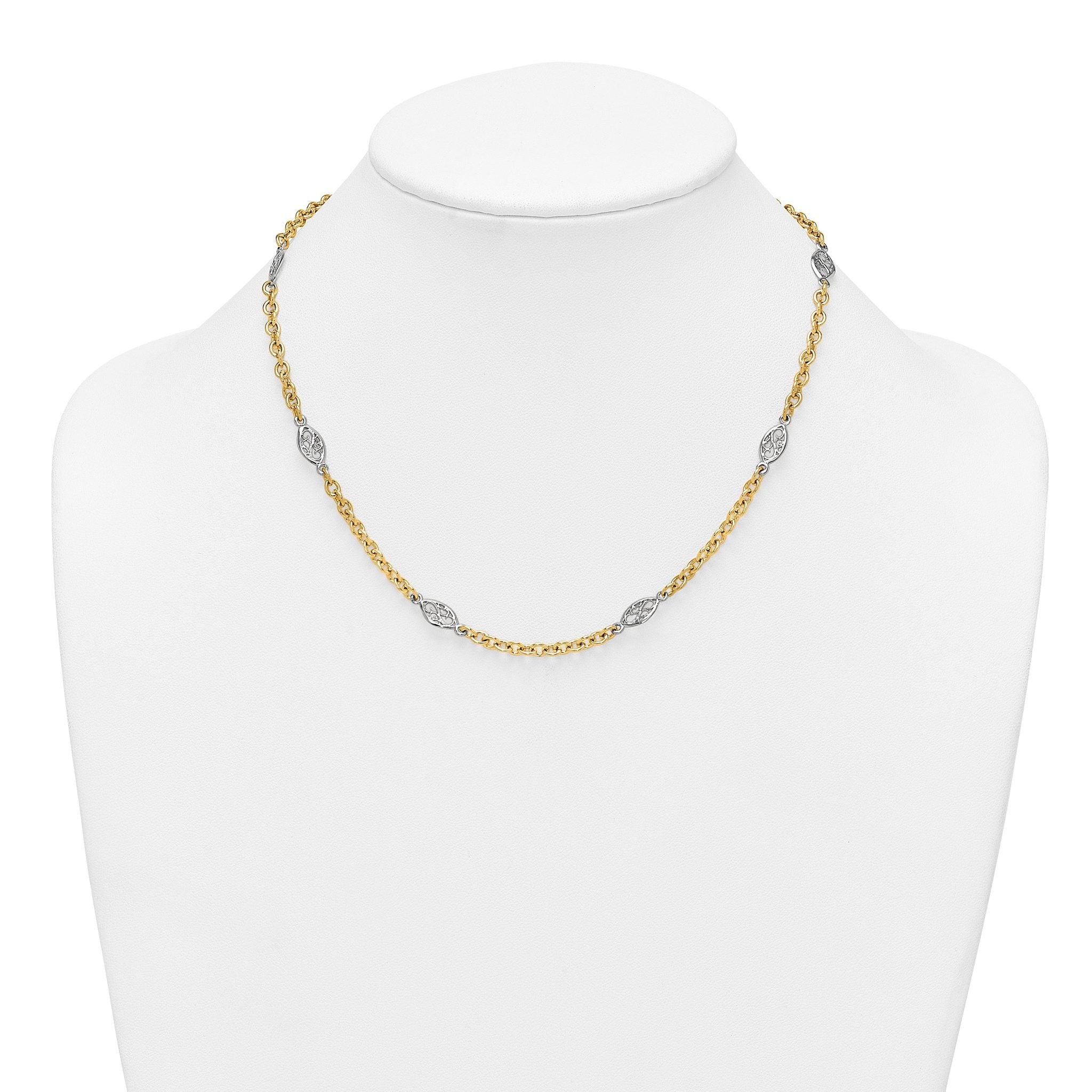 14k Two-tone Polished 6.5mm Fancy Cable Chain and Filigree Oval 18 inch Necklace