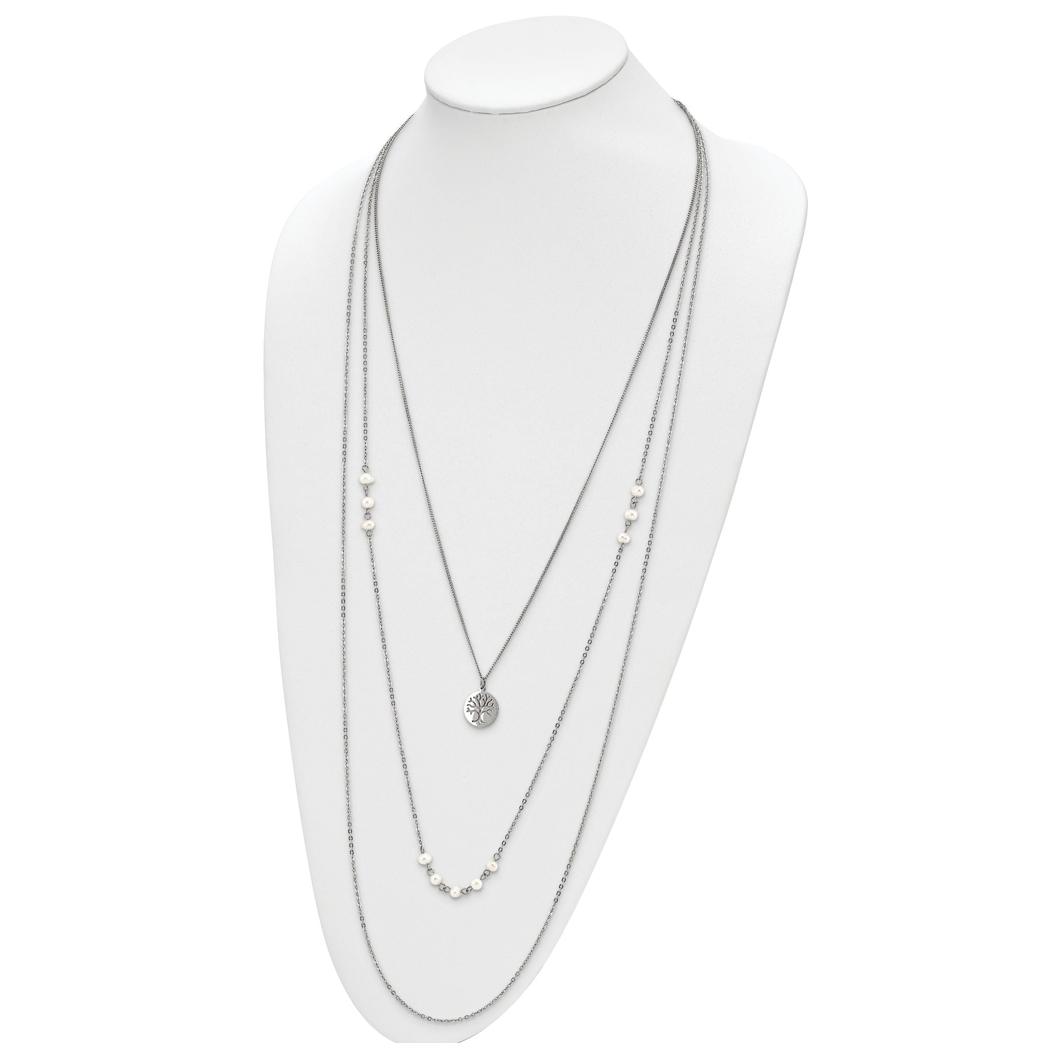 Chisel Stainless Steel Polished with Freshwater Cultured Pearls and Tree Pendant on 31 inch with 2 inch Extension Multi Chain Necklace Secondary image