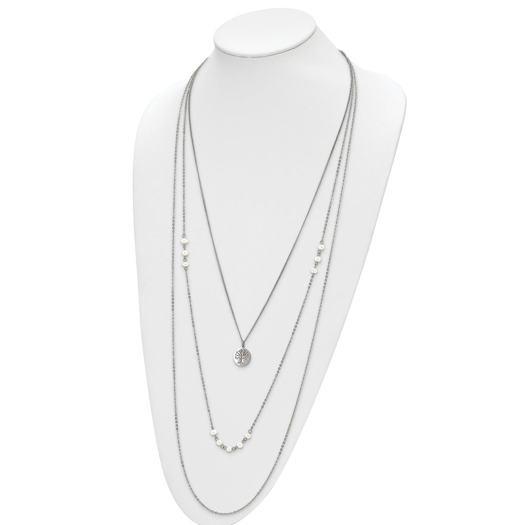 Chisel Stainless Steel Polished with Freshwater Cultured Pearls and Tree Pendant on 31 inch with 2 inch Extension Multi Chain Necklace