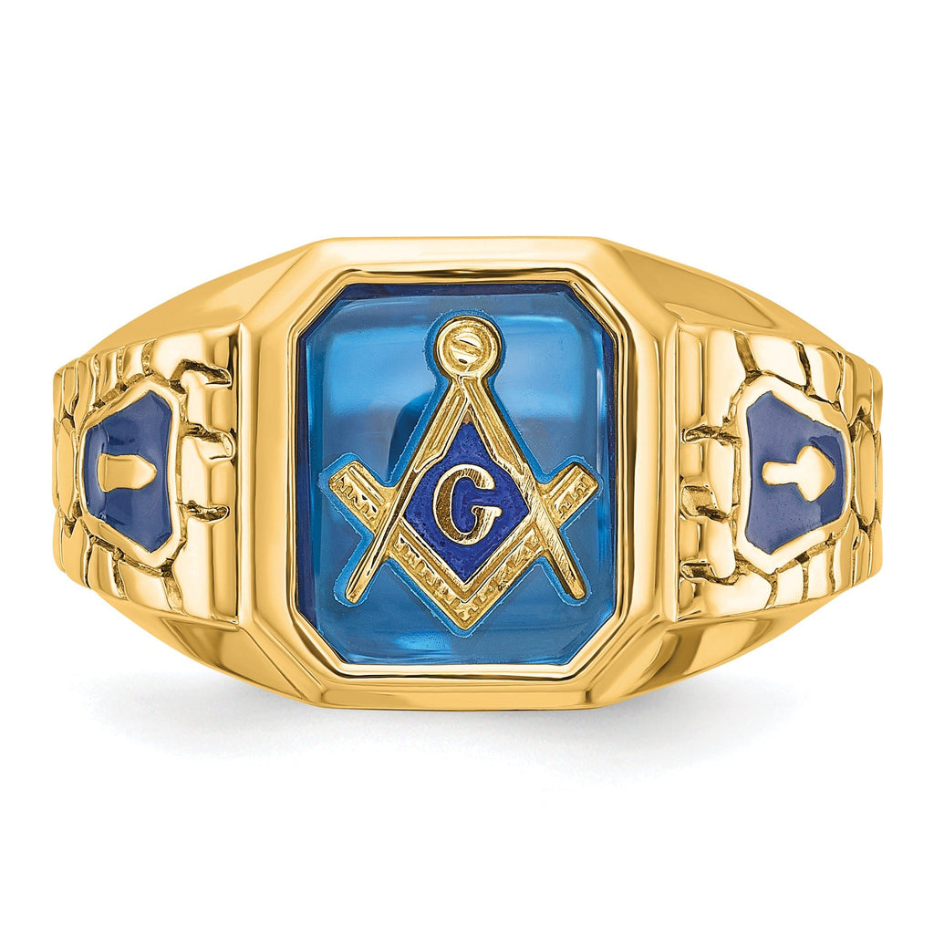 10k Men's Polished and Textured with Blue Enamel and Lab Created Sapphire Blue Lodge Master Masonic