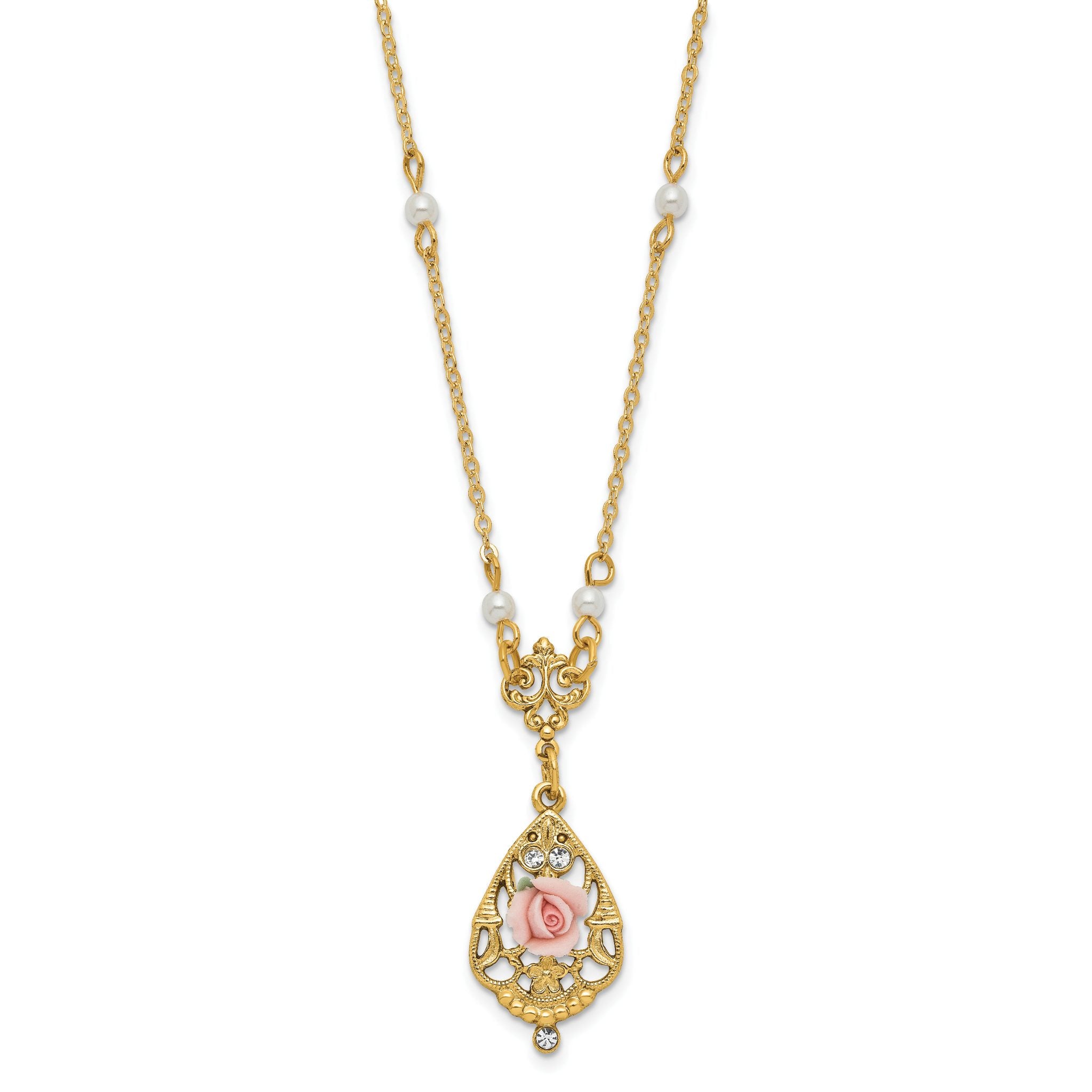 1928 Jewelry Gold-tone Imitation Pearl Pink Porcelain Rose and Clear Crystal Filigree Teardrop 17 inch Necklace Secondary image