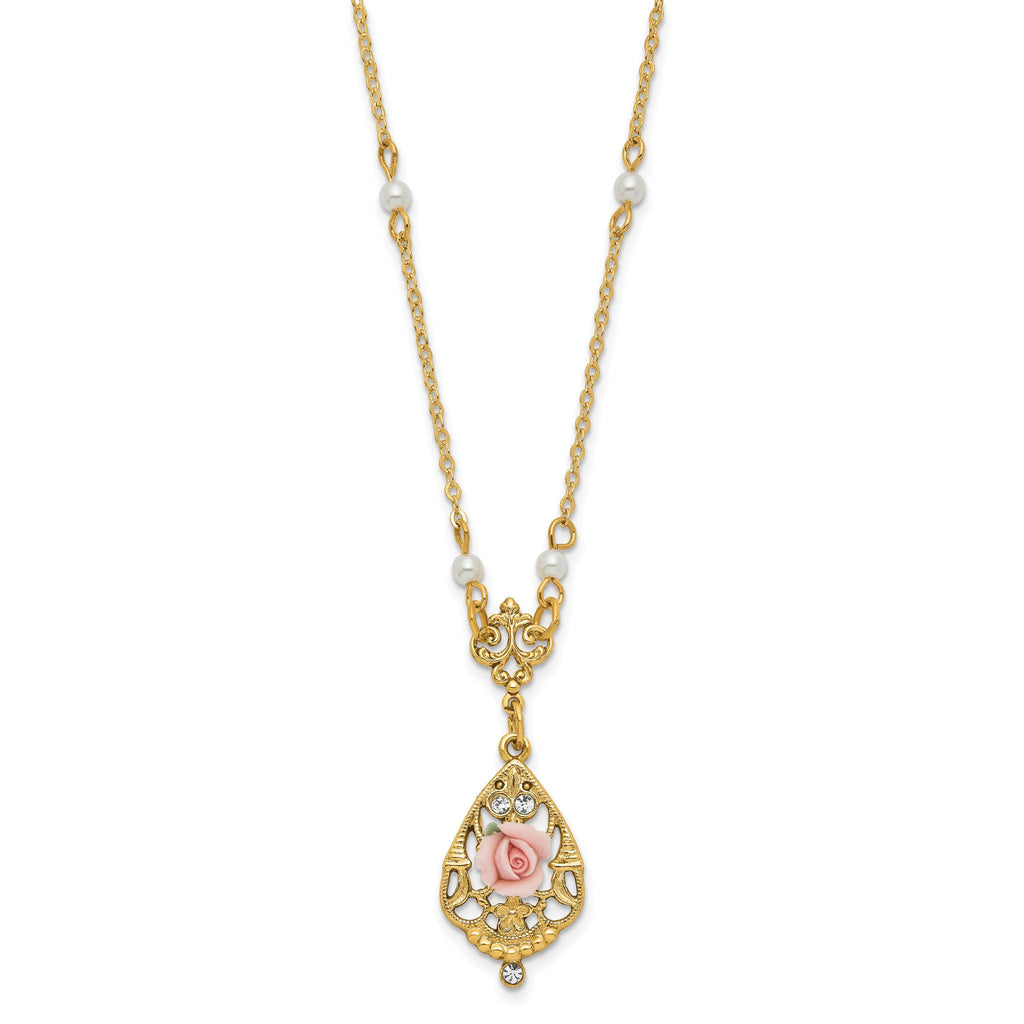 1928 Jewelry Gold-tone Imitation Pearl Pink Porcelain Rose and Clear Crystal Filigree Teardrop 17 inch Necklace