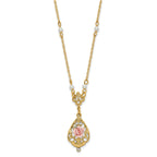 1928 Jewelry Gold-tone Imitation Pearl Pink Porcelain Rose and Clear Crystal Filigree Teardrop 17 inch Necklace