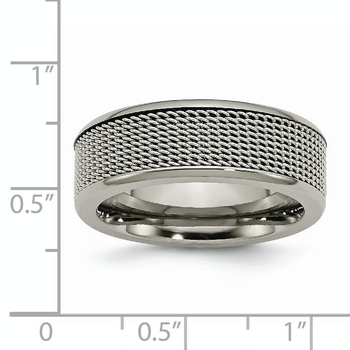 Titanium Unisex Wedding Band with Polished StainleSterling Silver Mesh Center