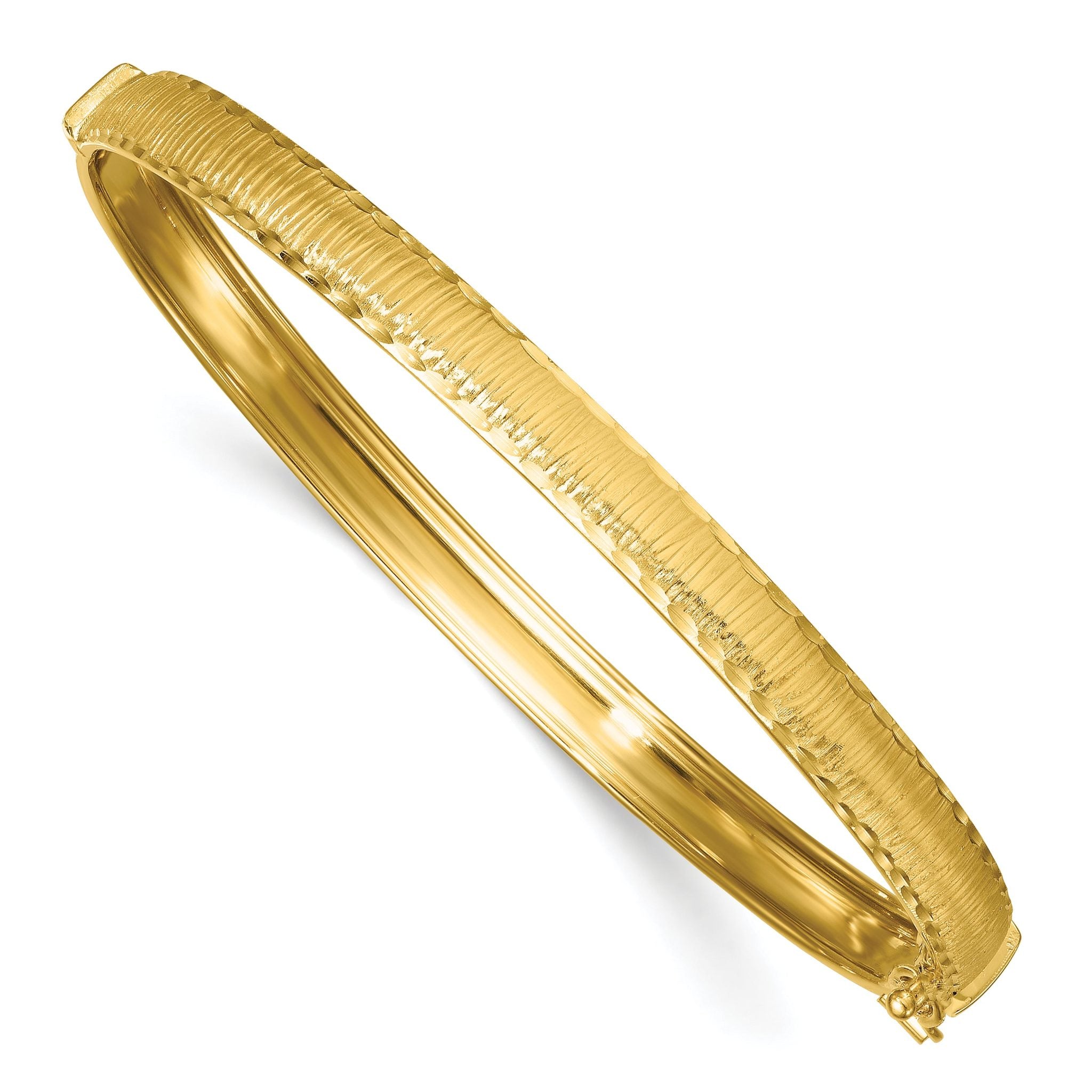 14k Polished Diamond-cut Textured 5.25mm Hinged Oval Bangle Bracelet