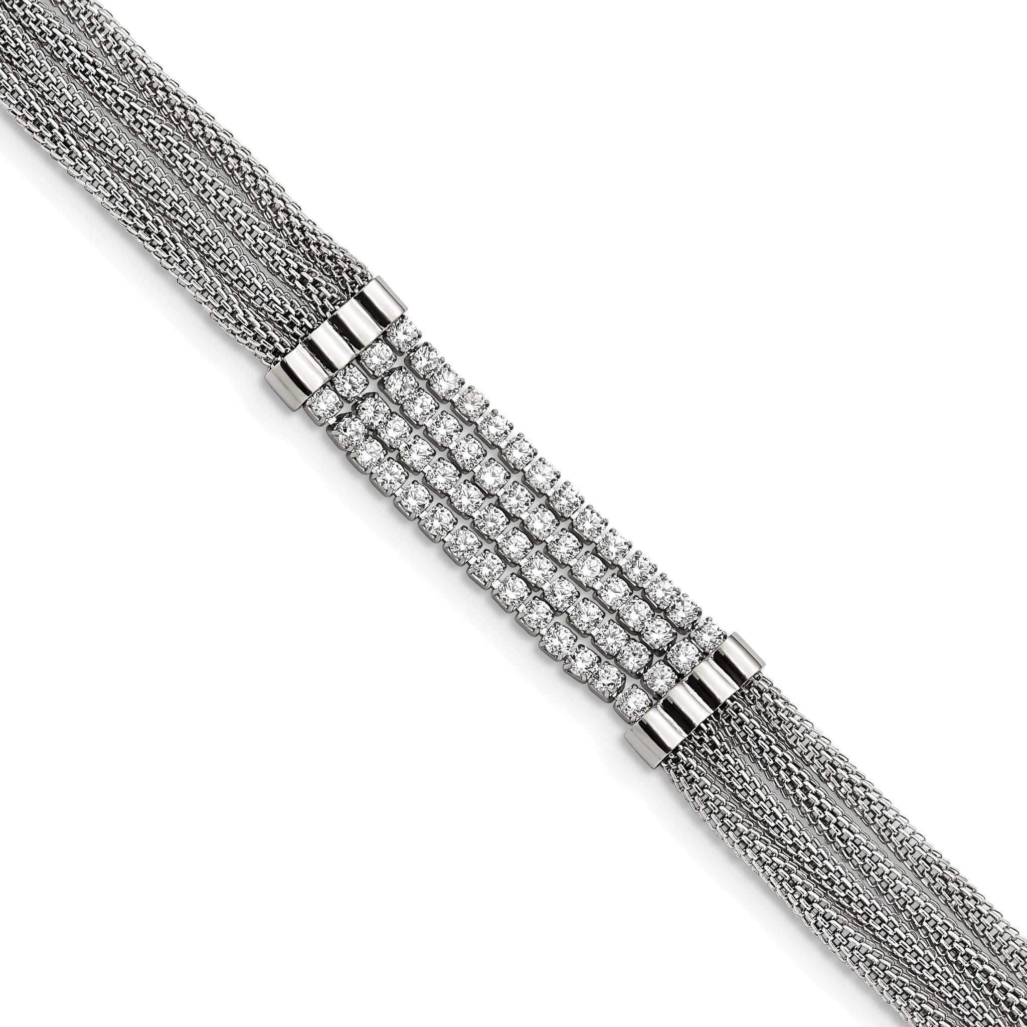 Stainless Steel Polished with Cubic Zirconia Mesh Multi Strand Bracelet with Extension for Women Main image