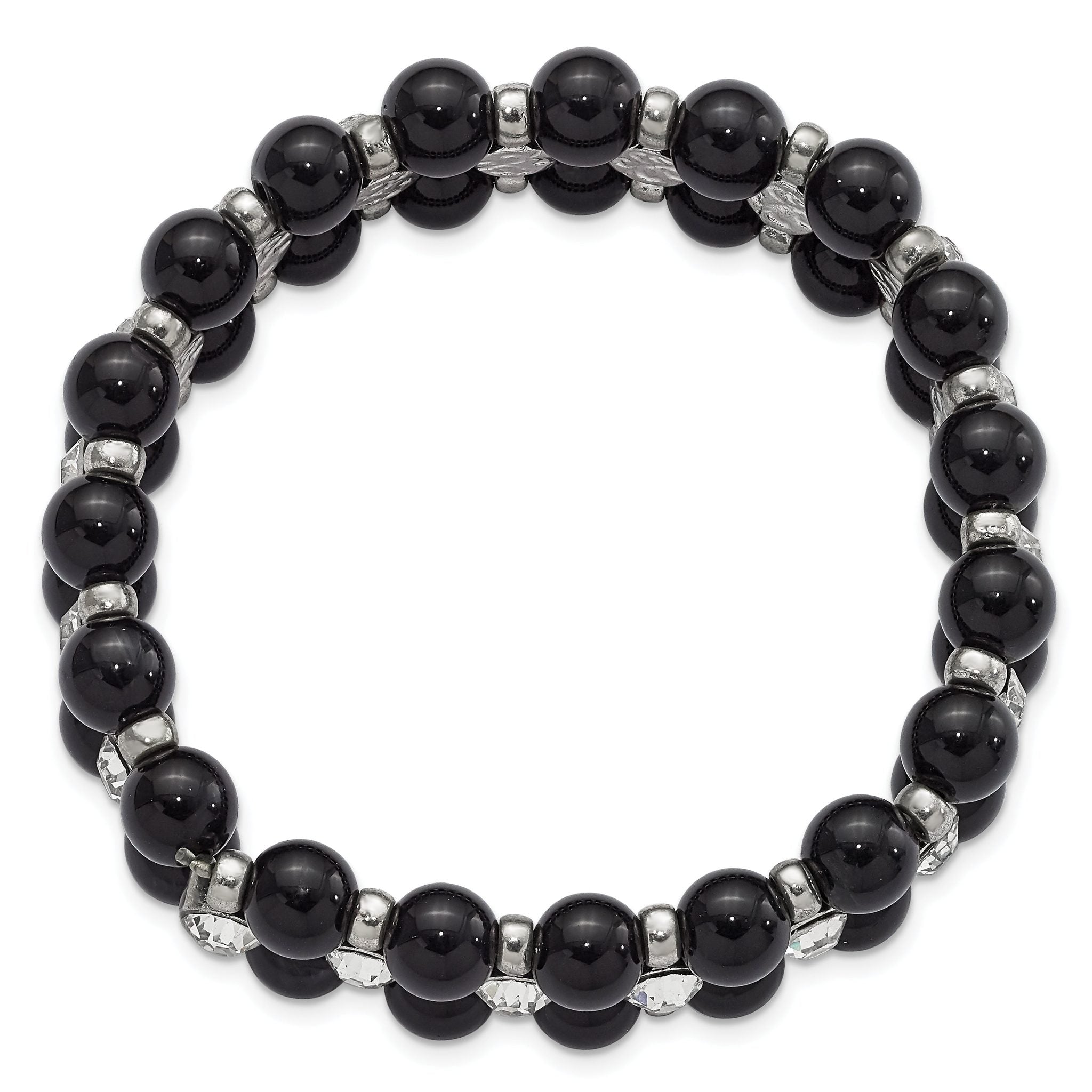 1928 Jewelry Silver-tone and Black Beads with Clear Glass Stones Stretch Bracelet Secondary image
