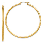 10k Satin and Diamond-cut 2mm Round Tube Hoop Earrings