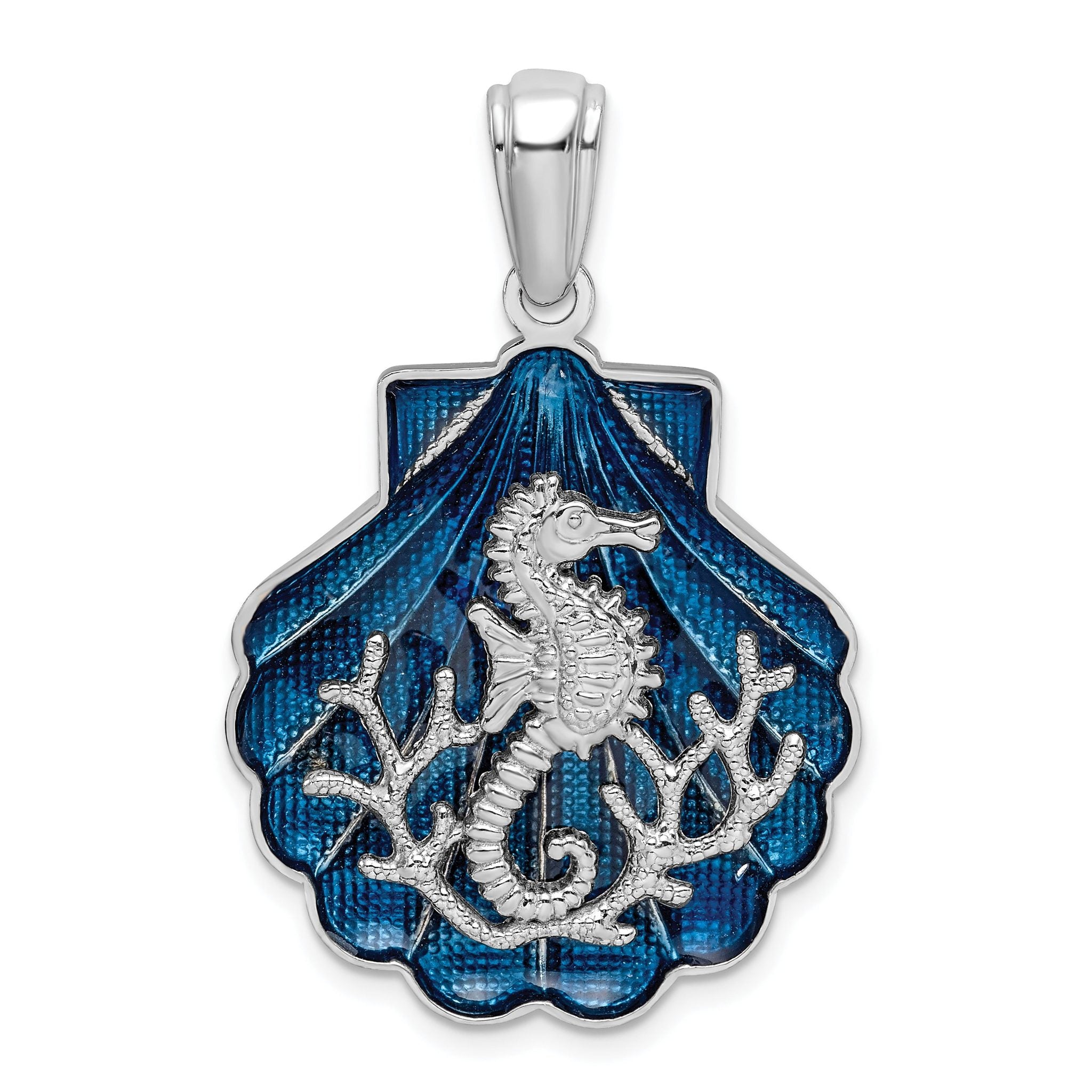 De-Ani Sterling Silver Rhodium-Plated Enameled Blue Shell with Seahorse Pendant Main image