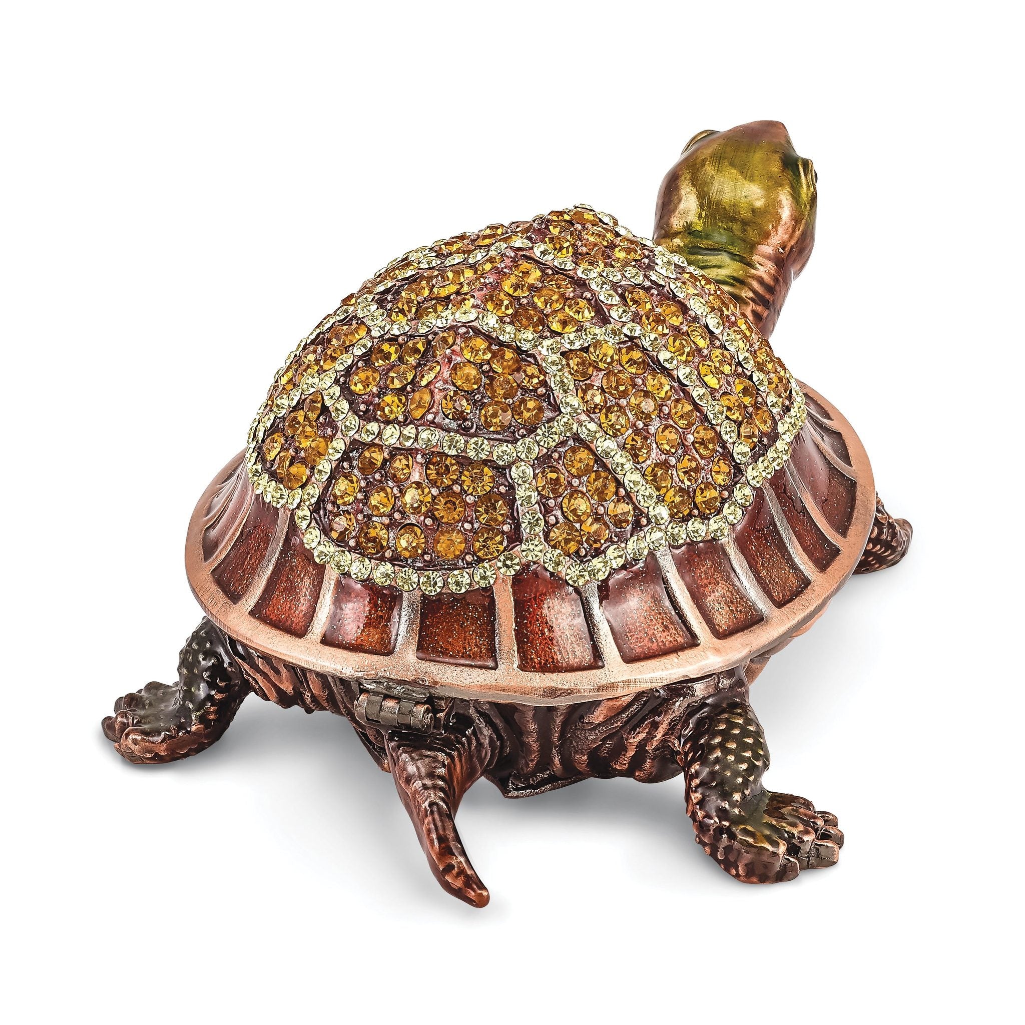 Luxury Giftware by Jere Pewter Bejeweled Crystals Rose-tone Enameled RHODA Tortoise With Moving Head Trinket Box with Matching 18 Inch Necklace