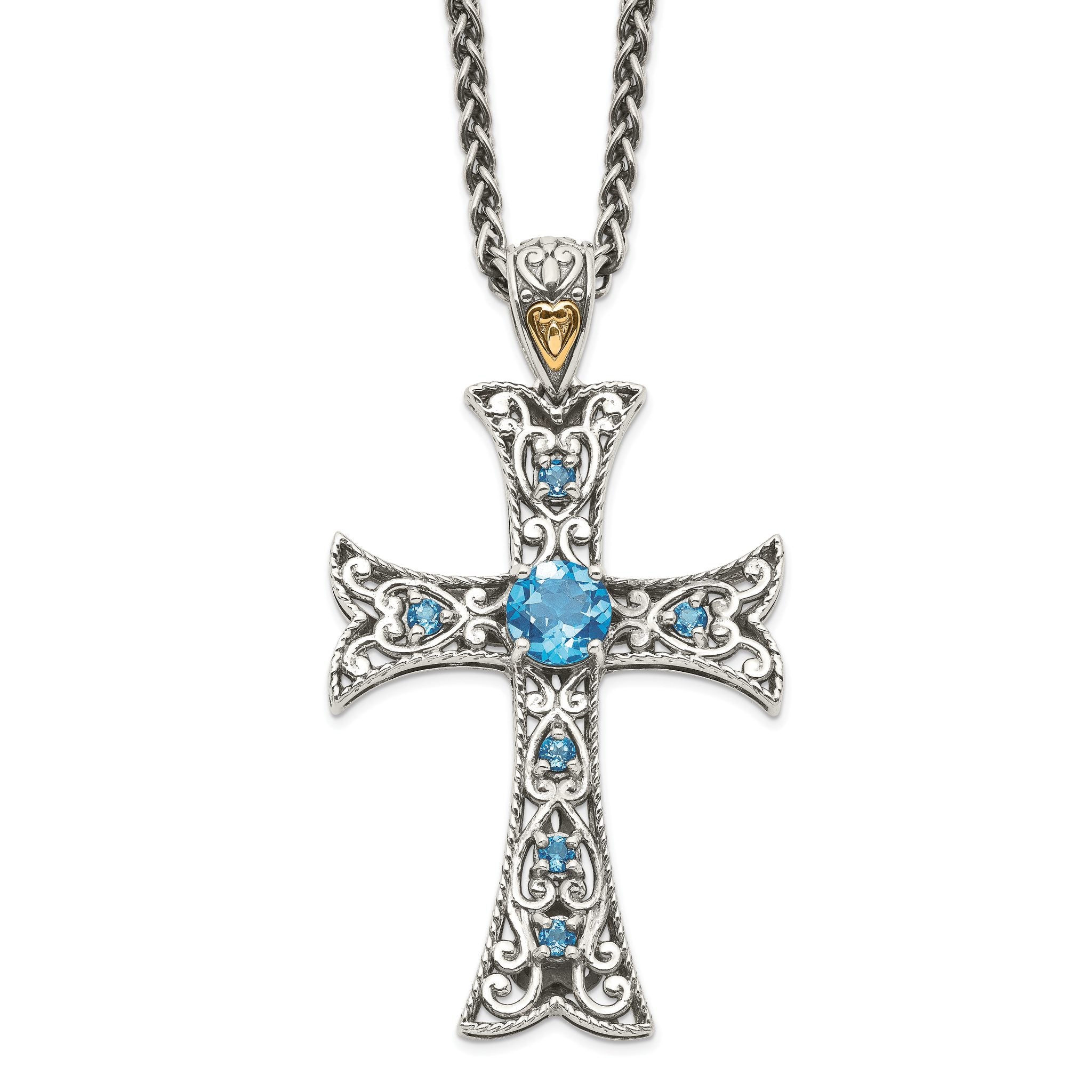 Shey Couture Sterling Silver Rhodium-plated with 14K Accent 18 Inch Antiqued Round Blue Topaz Cross Necklace Main image